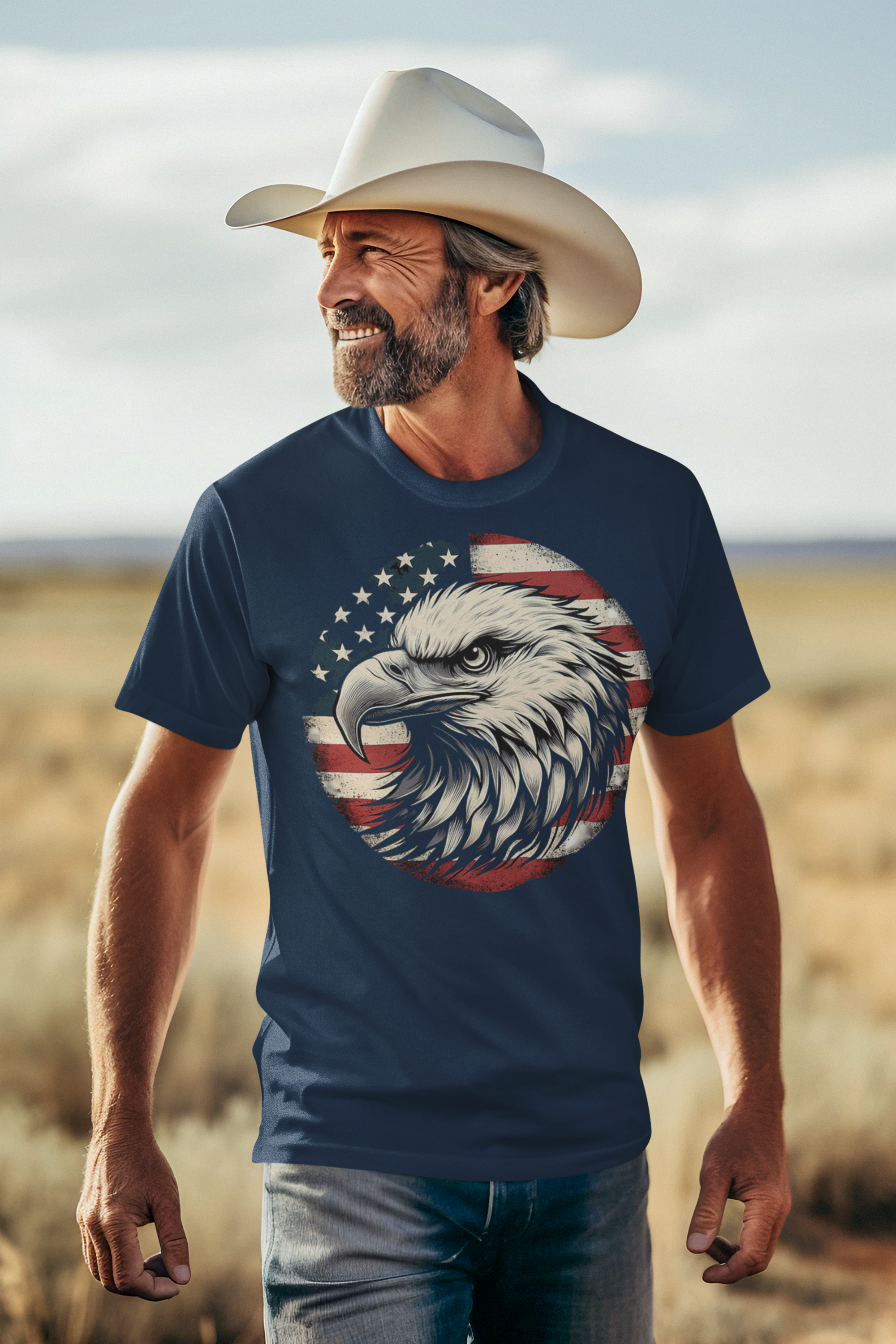 Eagle On American Flag Gear Tee worn by man in cowboy hat against outdoor background.