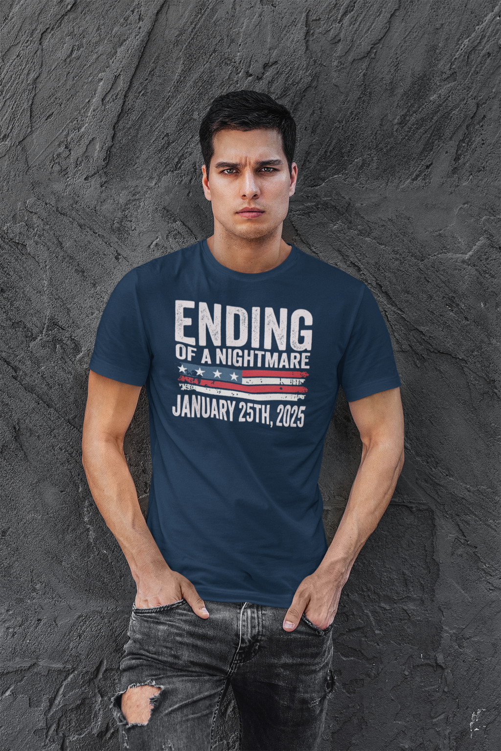 Ending Of A Nightmare On US Flag graphic t-shirt worn by a man, featuring patriotic colors and a bold message.