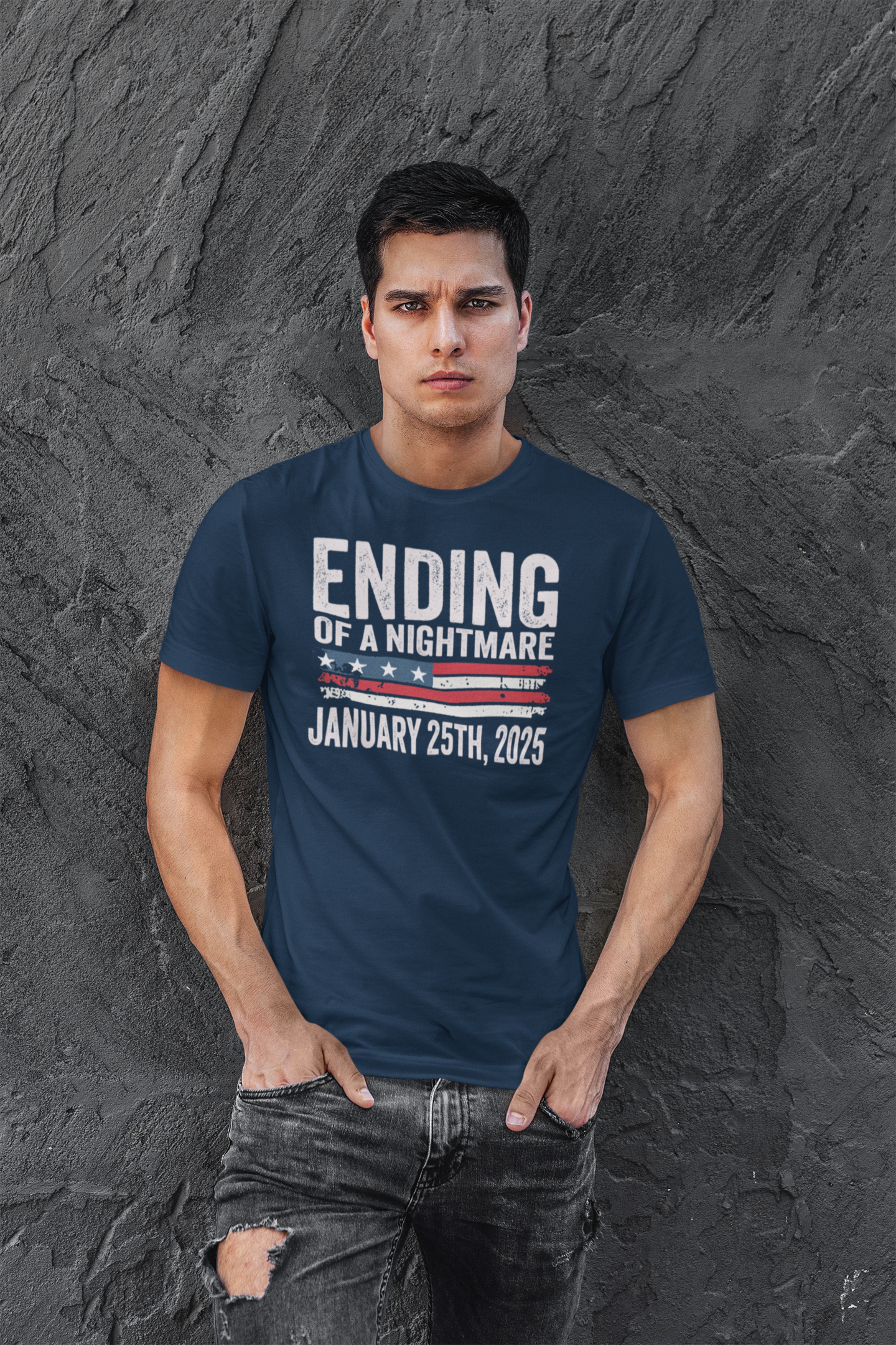 Ending Of A Nightmare On US Flag graphic t-shirt worn by a man, featuring patriotic colors and a bold message.