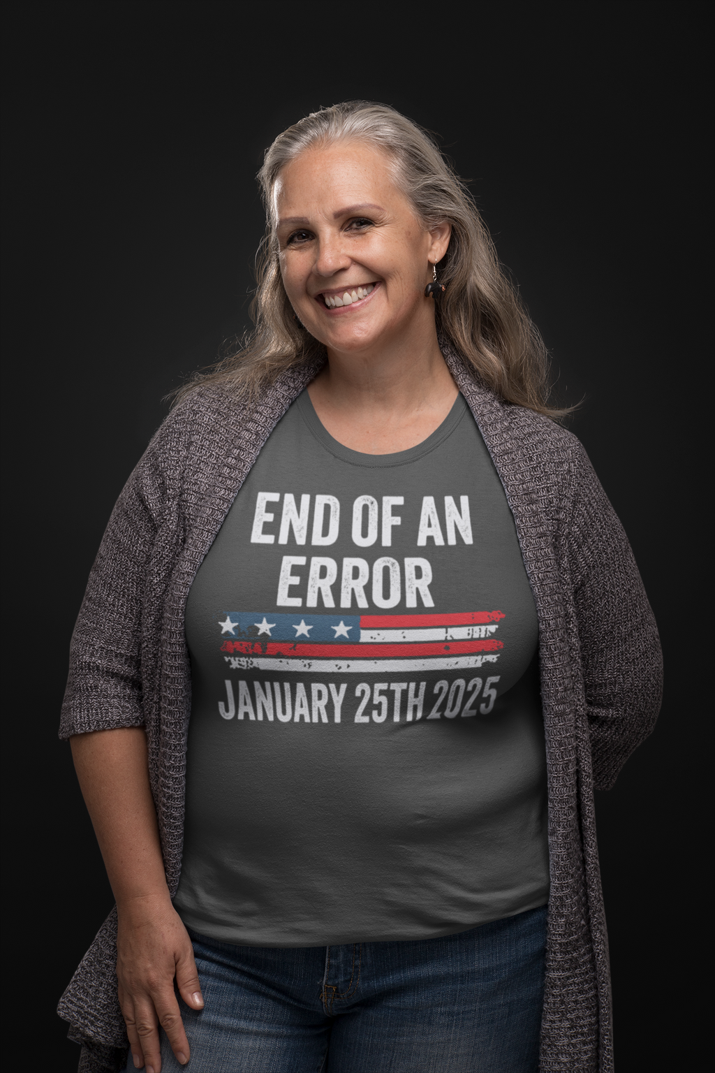 Marking The End Of An Era Error graphic t-shirt worn by a smiling woman.