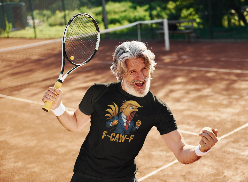 F-CAW-F Retro Humor Statement Tee worn by a man celebrating on a tennis court, showcasing bold humor.