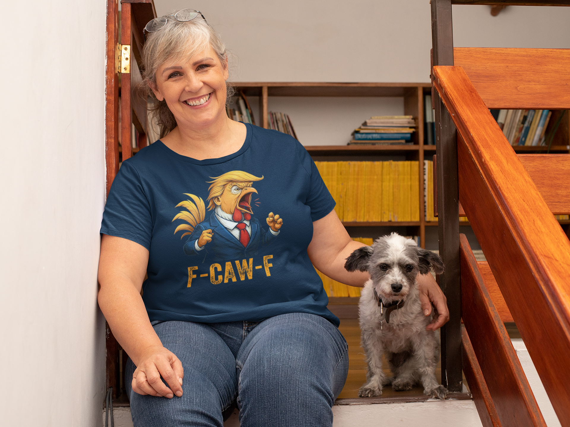 A woman sitting on stairs wearing an F-CAW-F Retro Humor Statement Tee with a dog beside her.