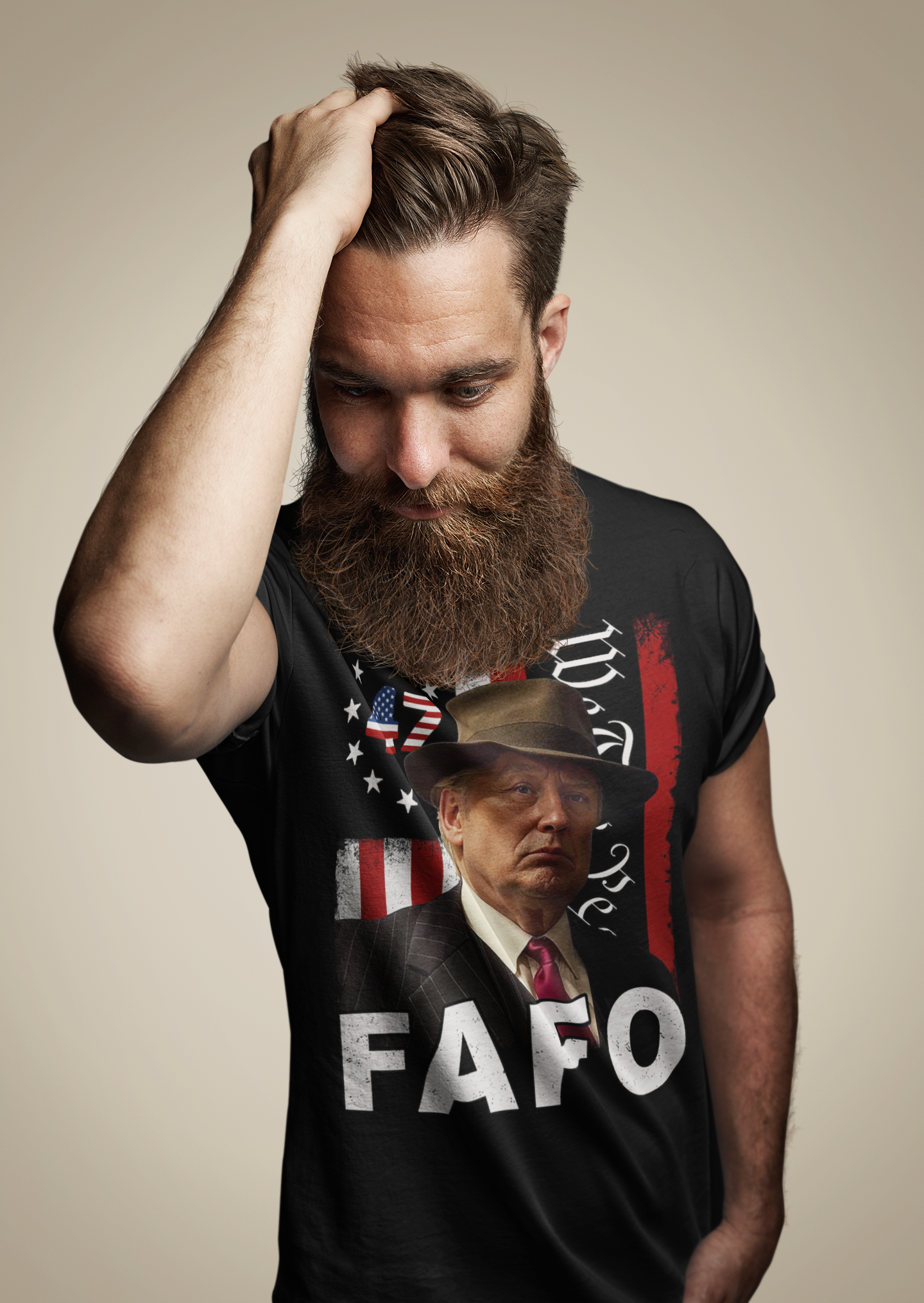 FAFO On The American Flag Style t-shirt worn by a man with a beard, featuring patriotic graphics and messaging.
