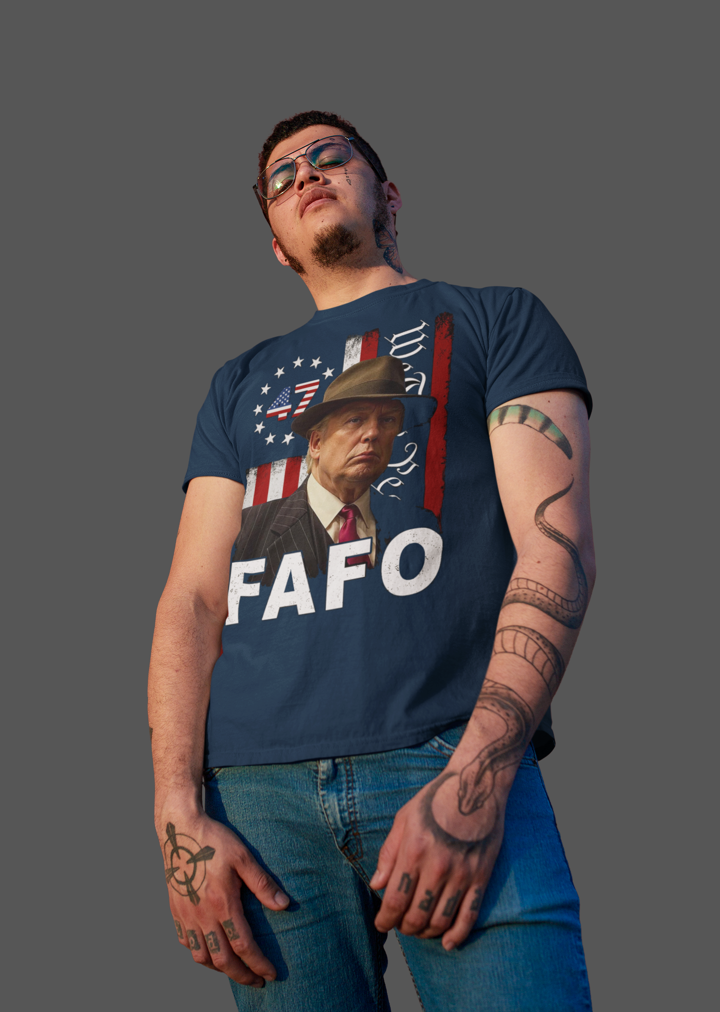 FAFO On The American Flag Style graphic t-shirt worn by a man, featuring patriotic design and bold messaging.