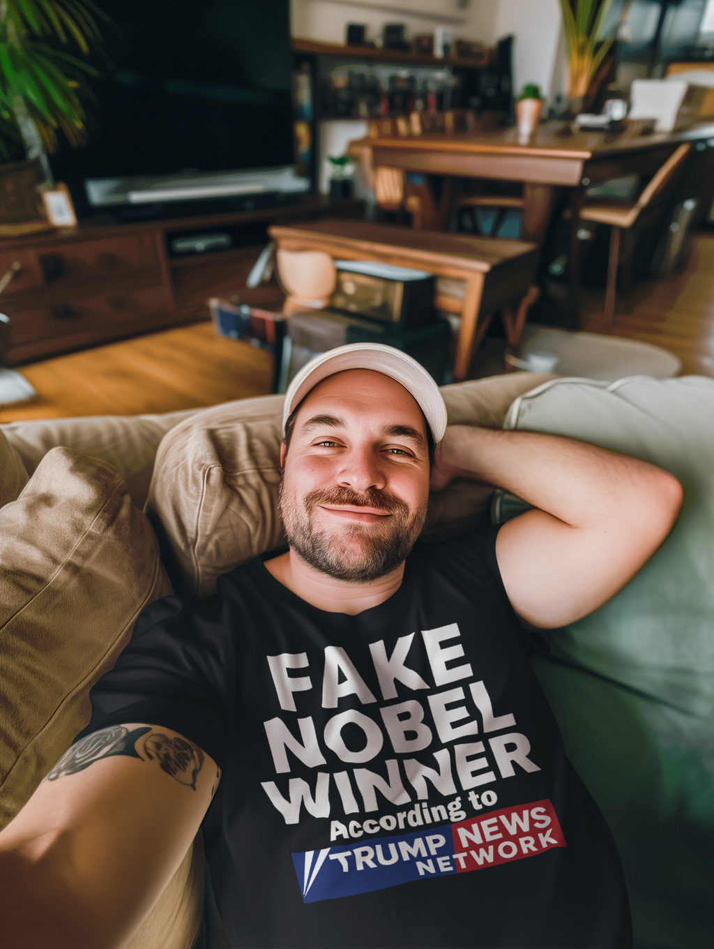 Man smiling on a couch wearing a Fake Nobel Winner Graphic T-Shirt with bold design.