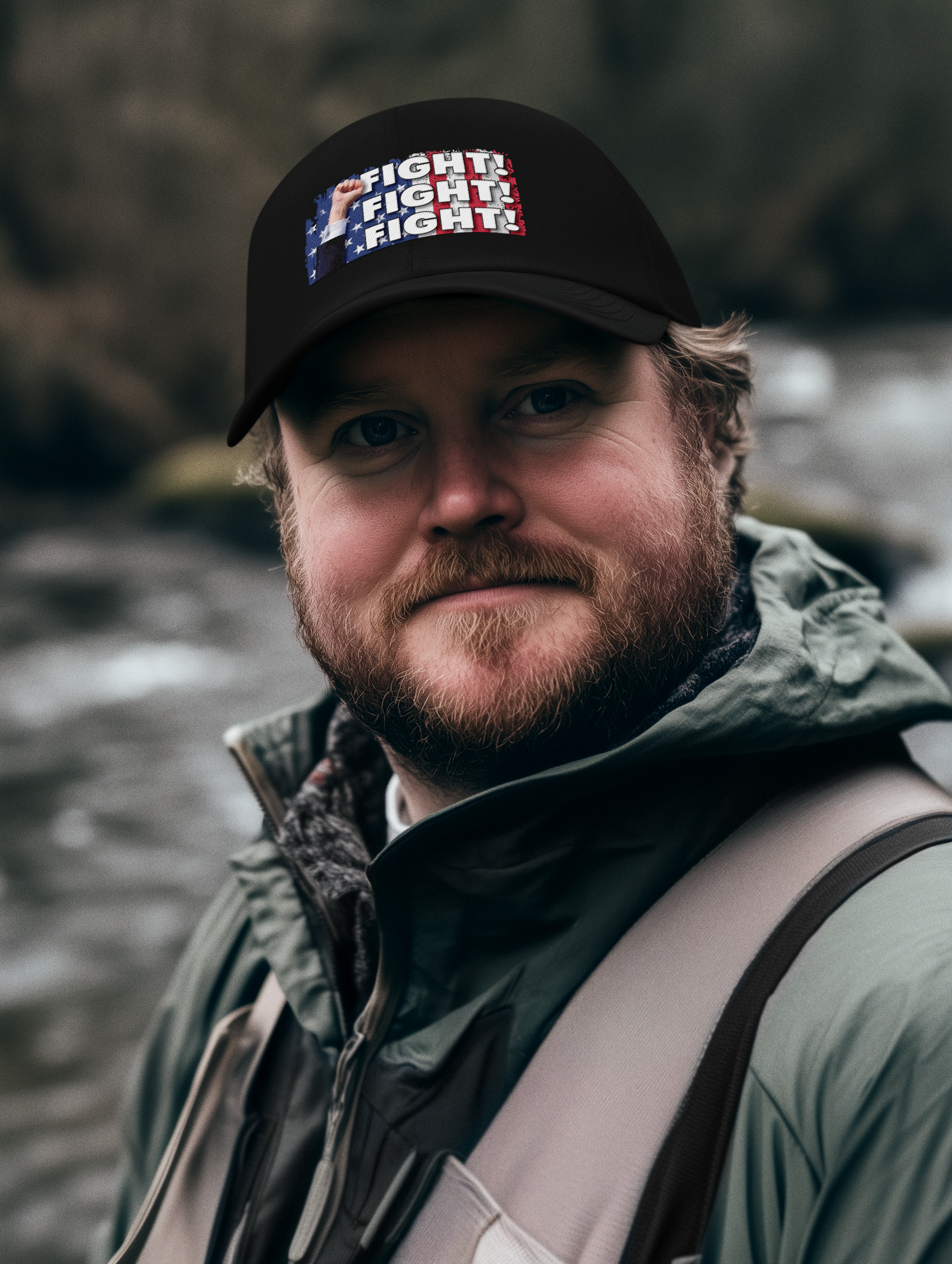 Man wearing a Fight Fight Fight Mesh Back Cap by a river, showcasing patriotic headwear.