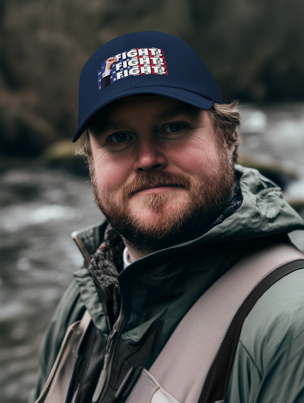Man wearing a Fight Fight Fight Mesh Back Cap by a river, showcasing patriotic values and conservative messaging.