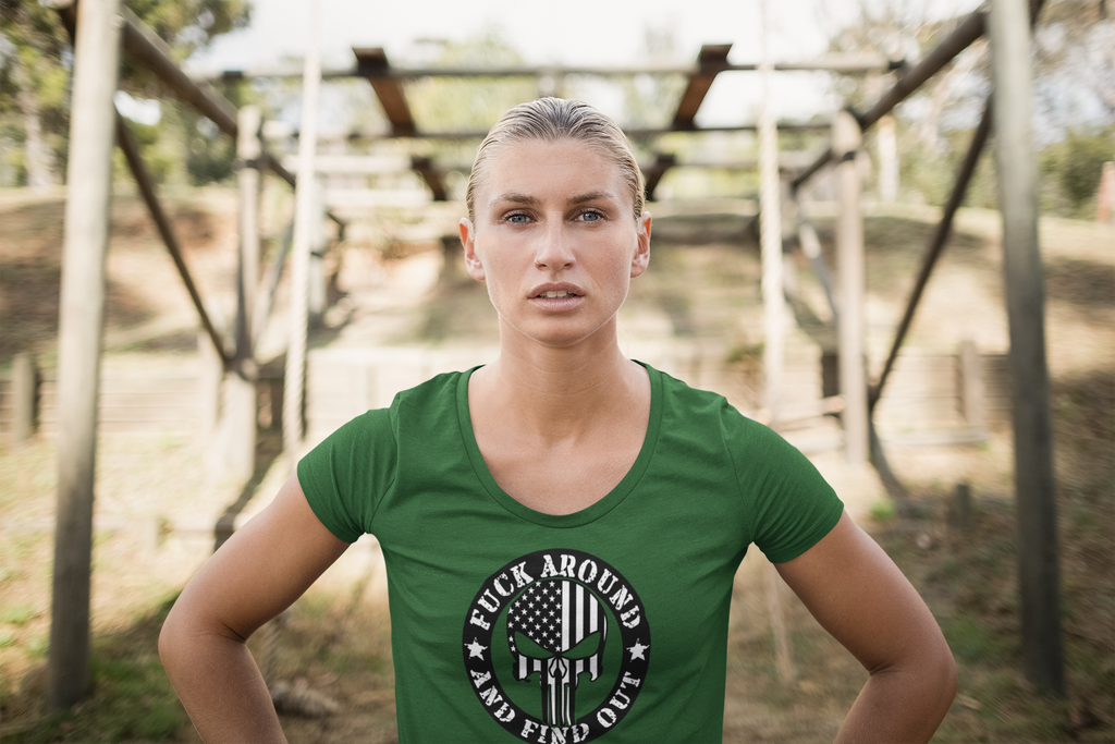 Model wearing Fuck Around Find Out Graphic Tee, showcasing patriotism and personal expression in a casual setting.