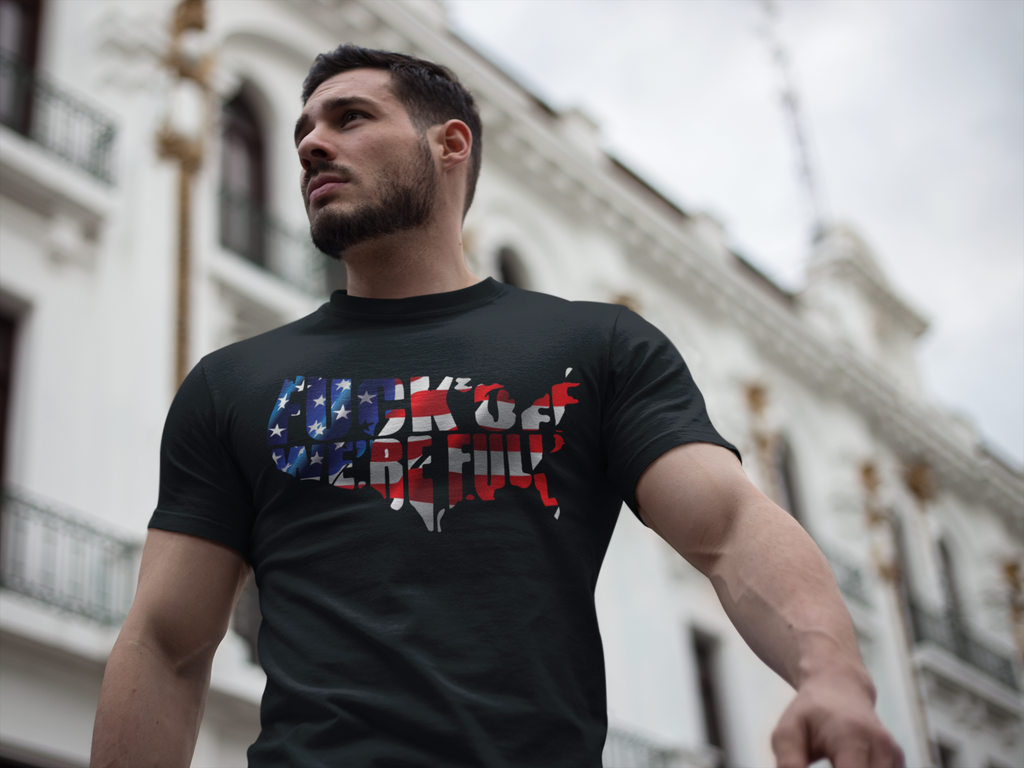 Man wearing Protect America's Borders Patriotic Shirt with American flag motif.