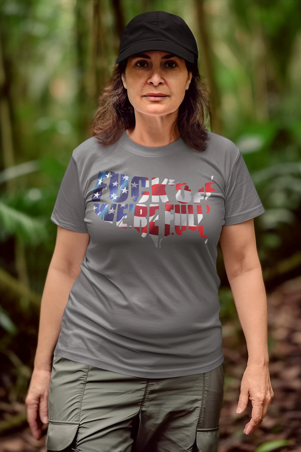 Woman wearing Protect America's Borders Patriotic Shirt with message of national pride and security.