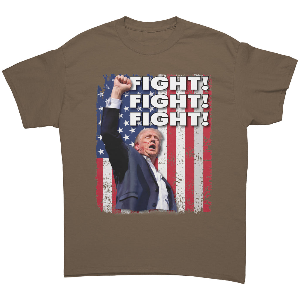 Fight Fight Fight Bold Logo Tee showcasing a bold design with text 'FIGHT! FIGHT! FIGHT!' and patriotic colors.