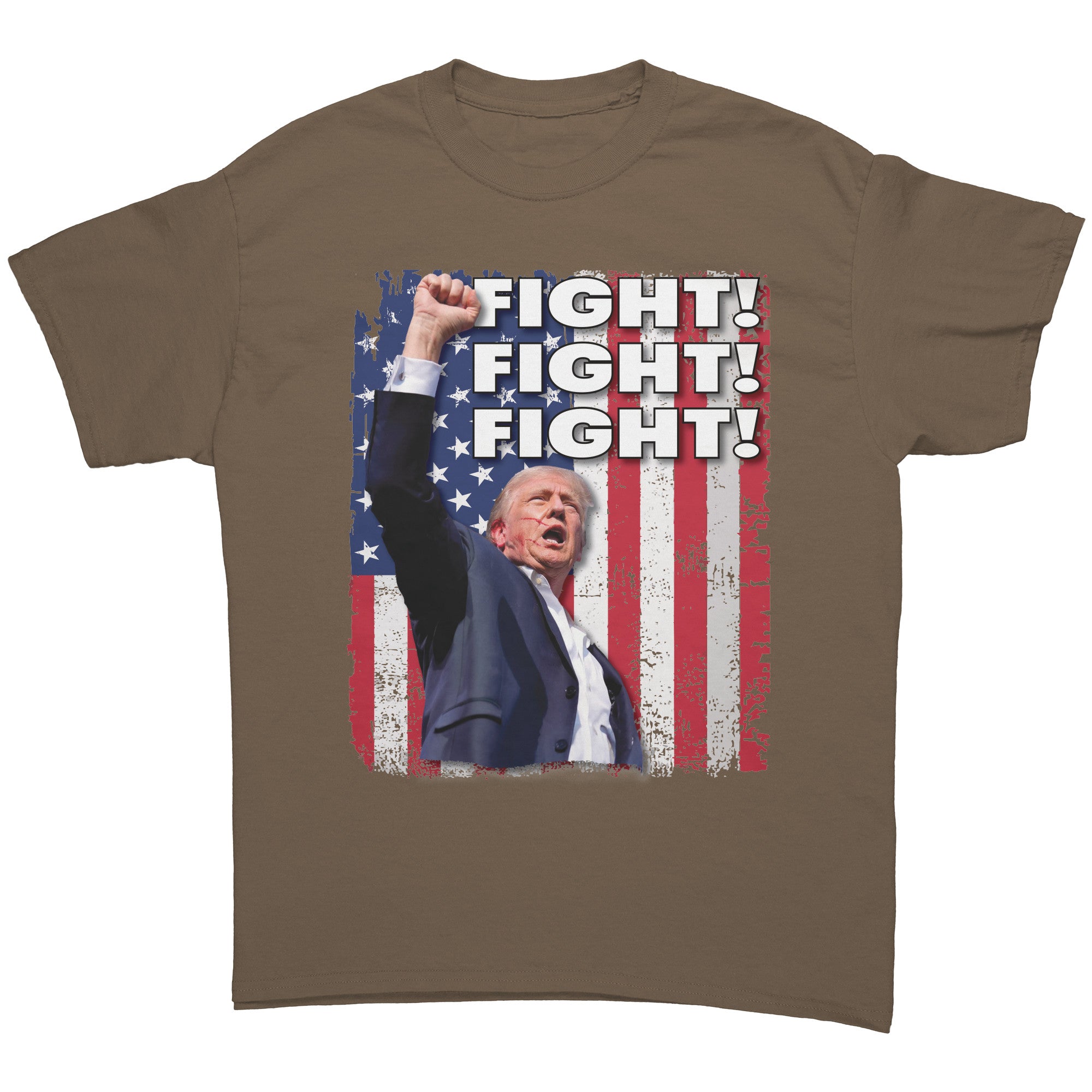 Fight Fight Fight Bold Logo Tee showcasing a bold design with text 'FIGHT! FIGHT! FIGHT!' and patriotic colors.