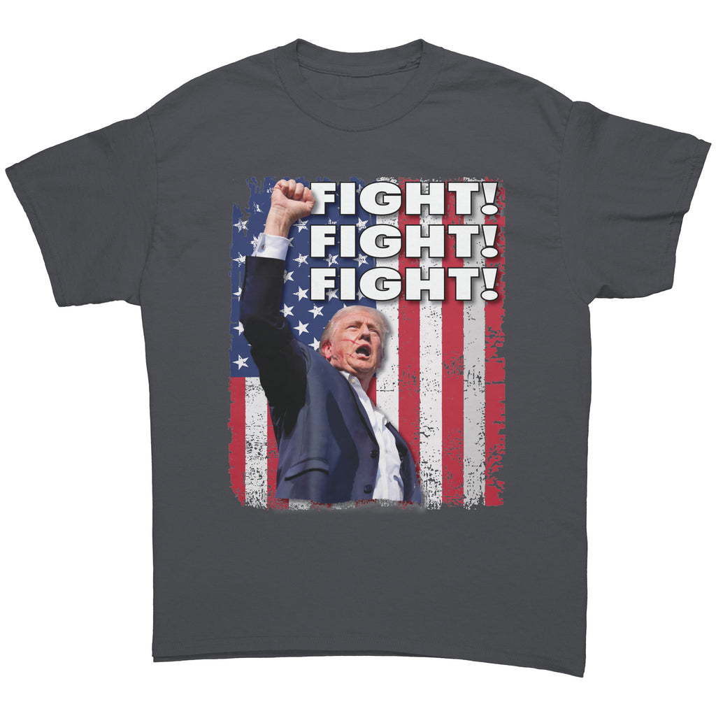 Fight Fight Fight Bold Logo Tee featuring bold text and an American flag background.