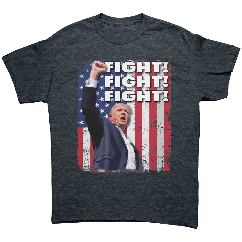 Fight Fight Fight Bold Logo Tee featuring patriotic design with bold Fight! text and American flag background.