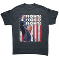 Fight Fight Fight Bold Logo Tee featuring patriotic design with bold Fight! text and American flag background.