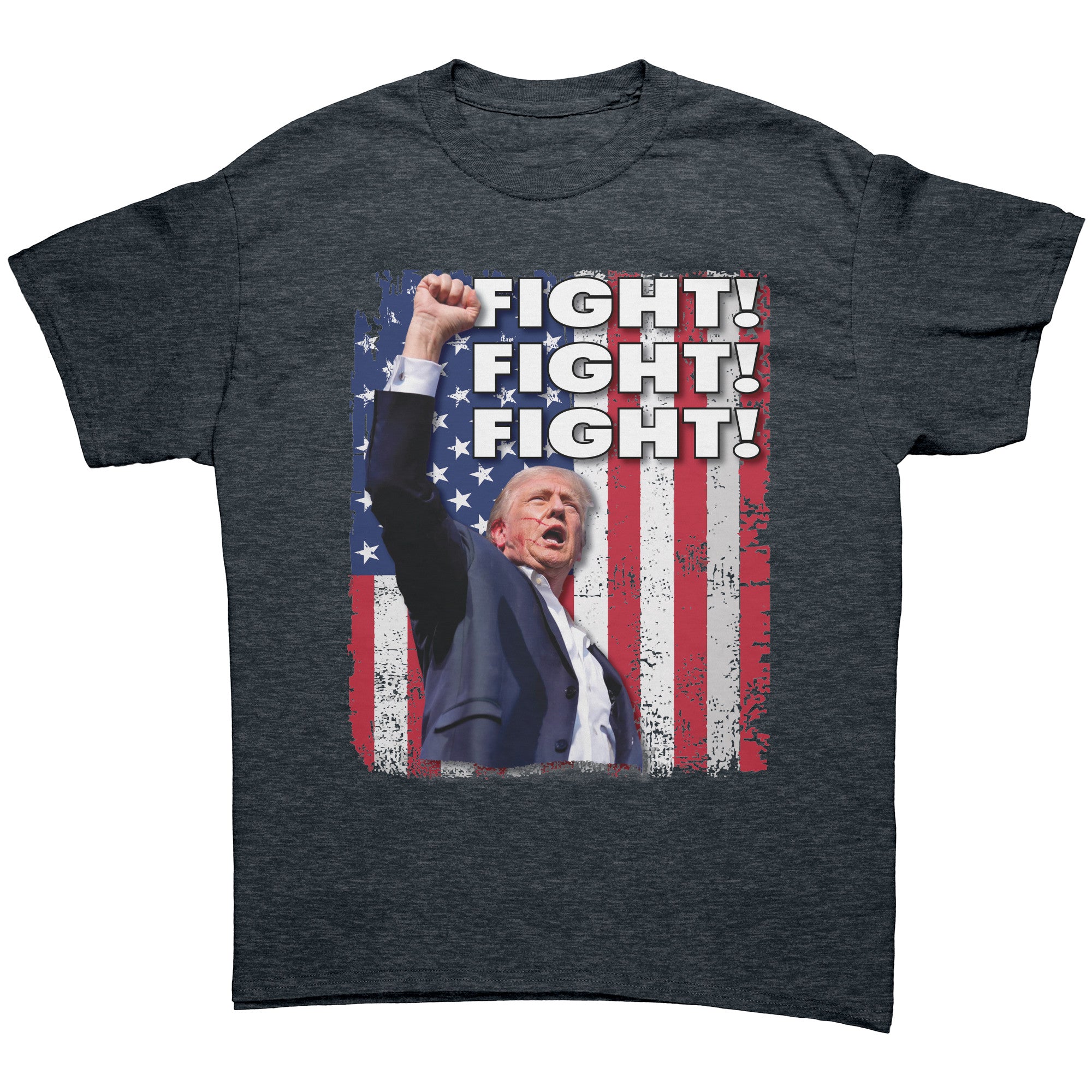 Fight Fight Fight Bold Logo Tee featuring patriotic design with bold Fight! text and American flag background.