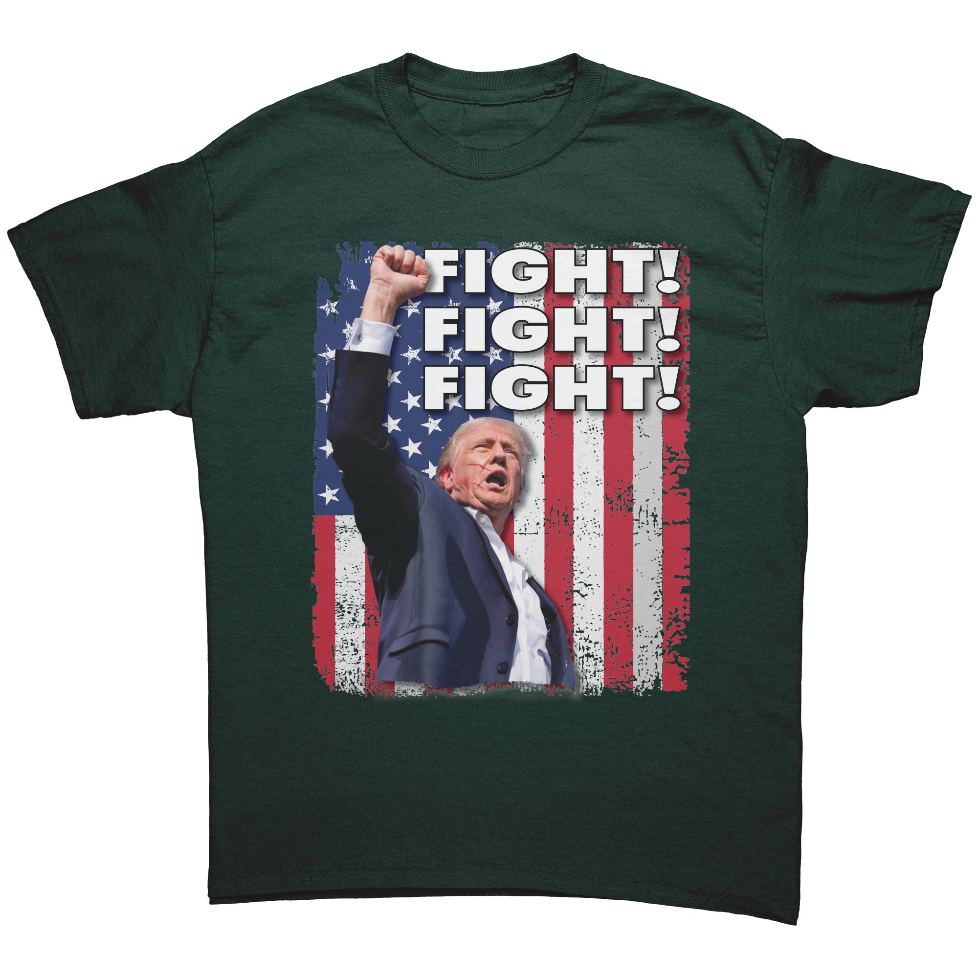 Fight Fight Fight Bold Logo Tee featuring a raised fist and American flag background.