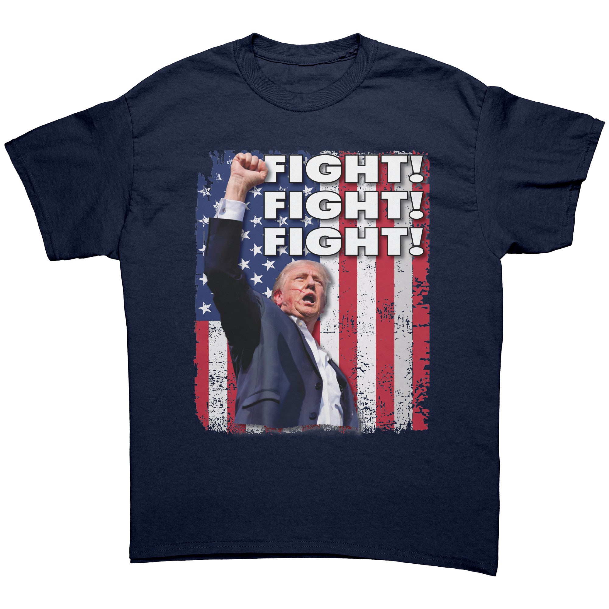 Fight Fight Fight Bold Logo Tee featuring an expressive design with bold text and patriotic background.