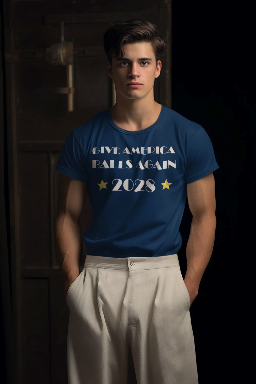 Young man wearing a blue shirt with the text Give America Balls Again 2028 Design, showcasing patriotism.