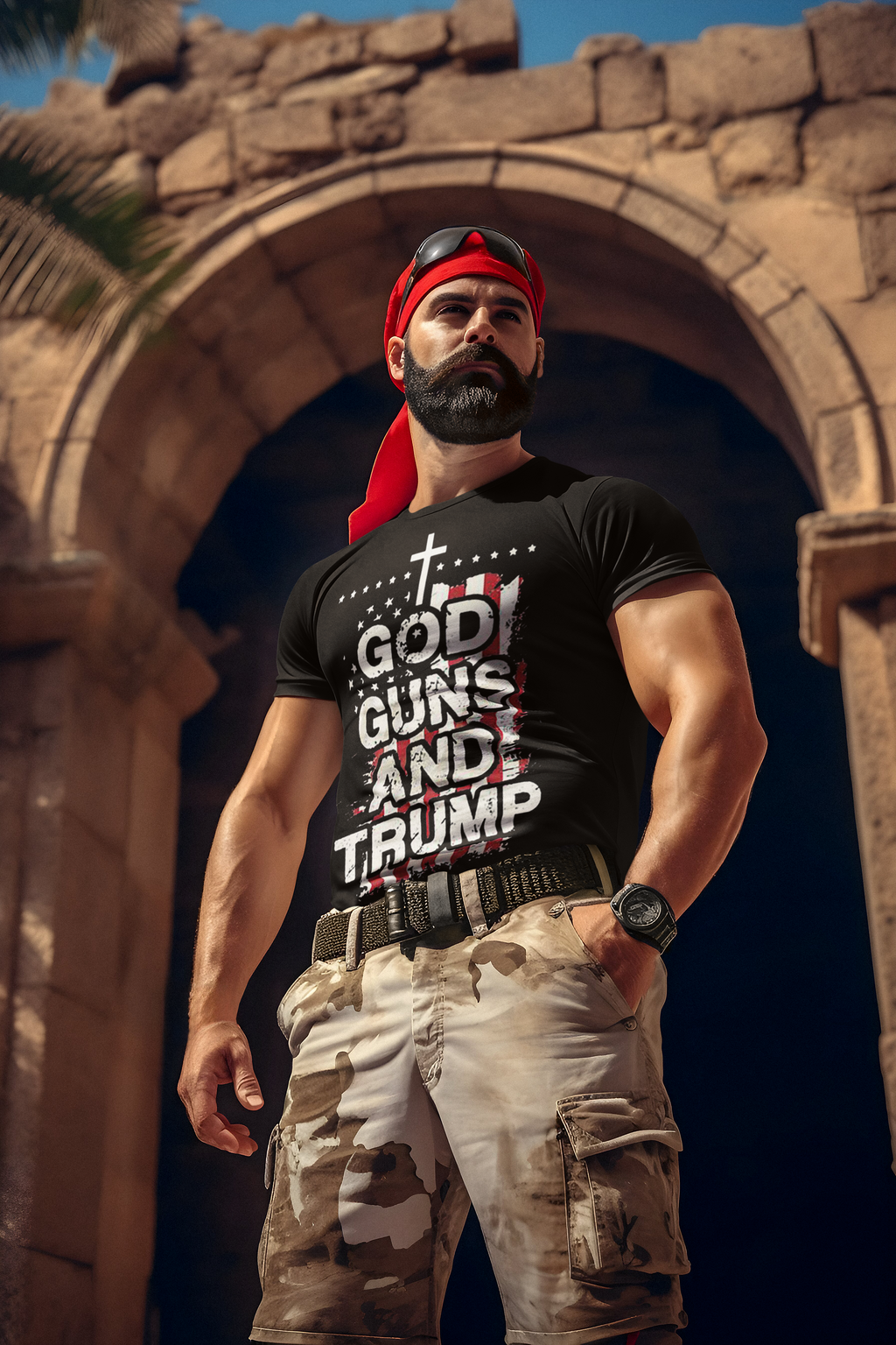 Man wearing God Faith & Freedom Patriotic Graphic Design t-shirt in front of ancient stone archway