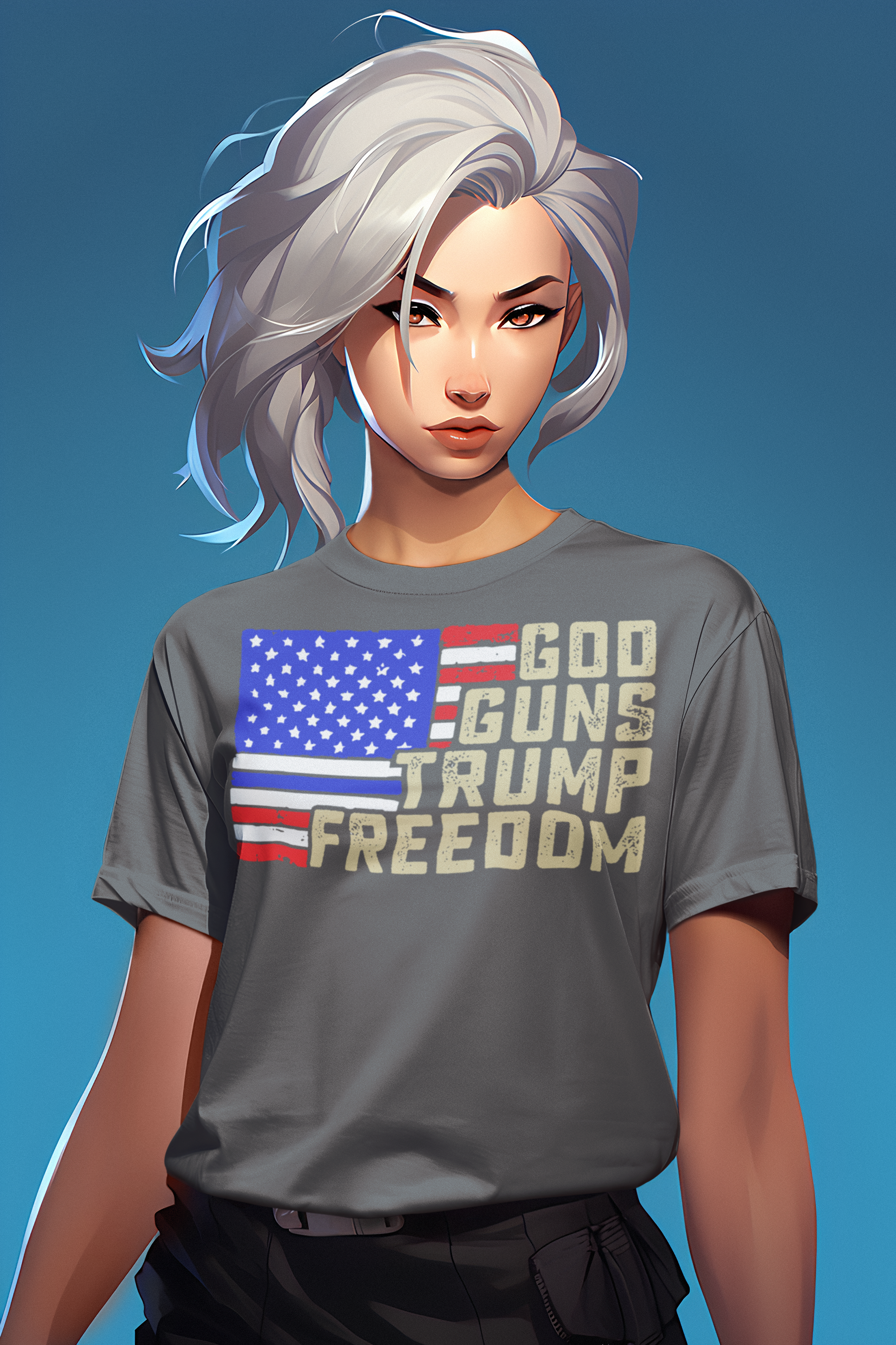 God Guns Trump Freedom Classic Patriotic Shirt Design displayed by a model with a confident expression.