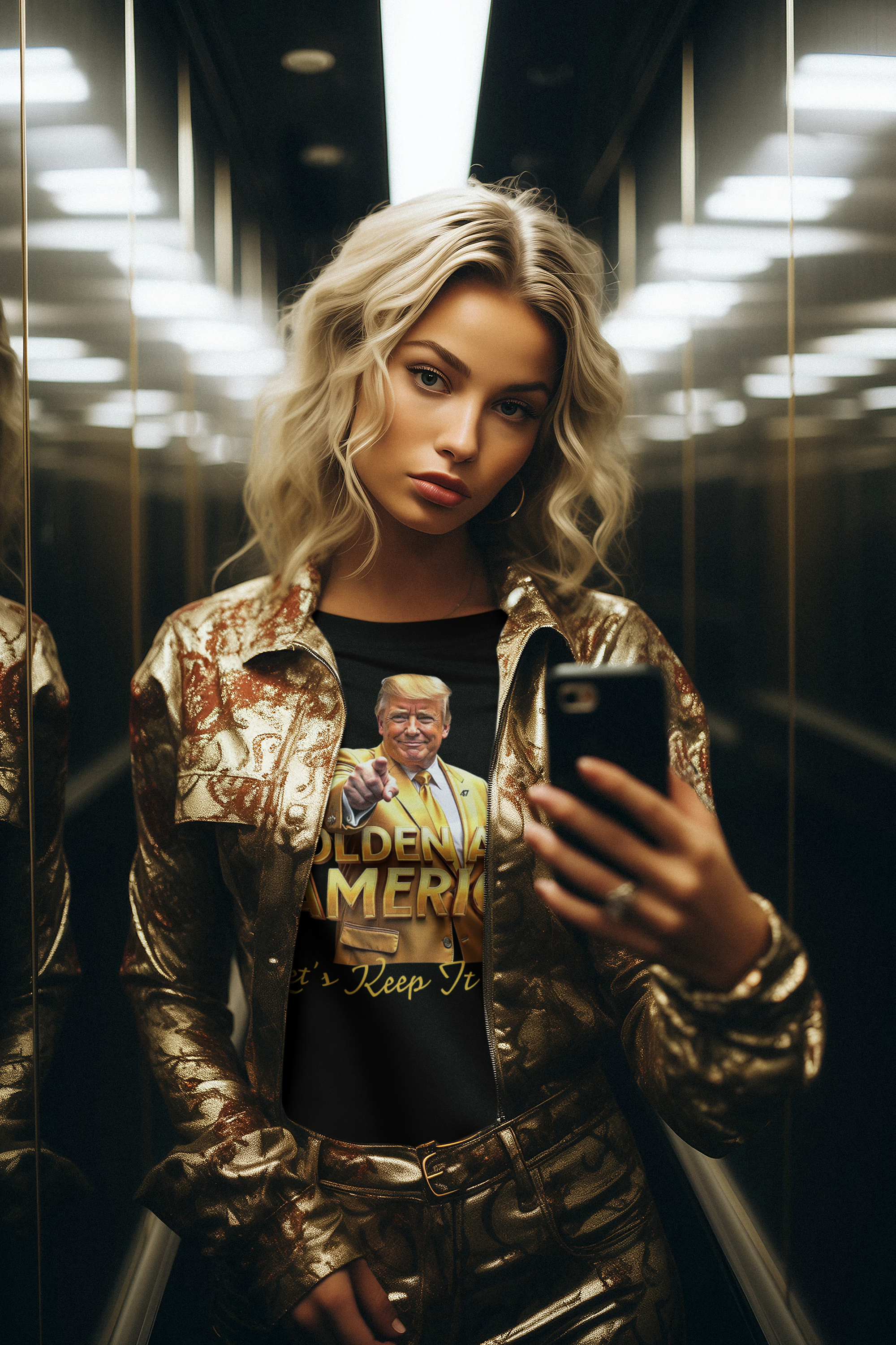 Golden Age Of America Let's Keep It Going smart shoe edition worn by model in stylish elevator reflection.
