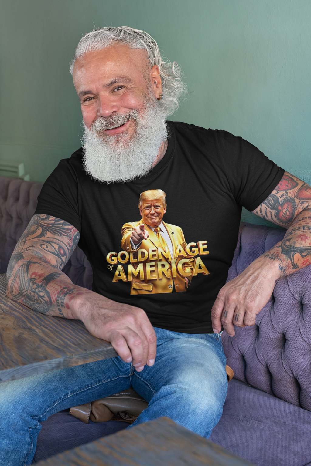 Person wearing Golden Age Of America Apparel Art t-shirt, showcasing patriotic values and community spirit.
