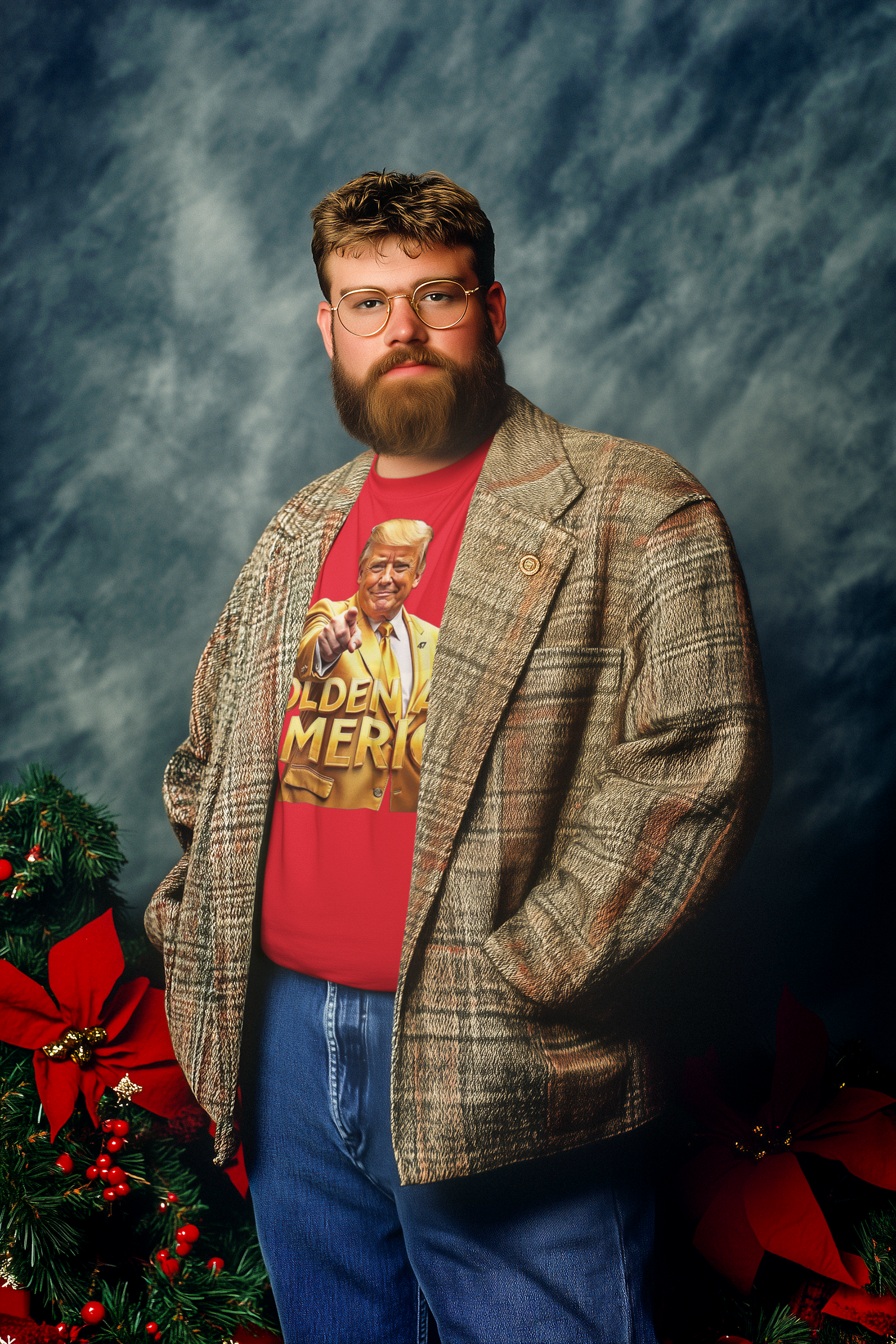 Man wearing a blazer and Golden Age Of America Apparel Art t-shirt, celebrating patriotism and personal values.