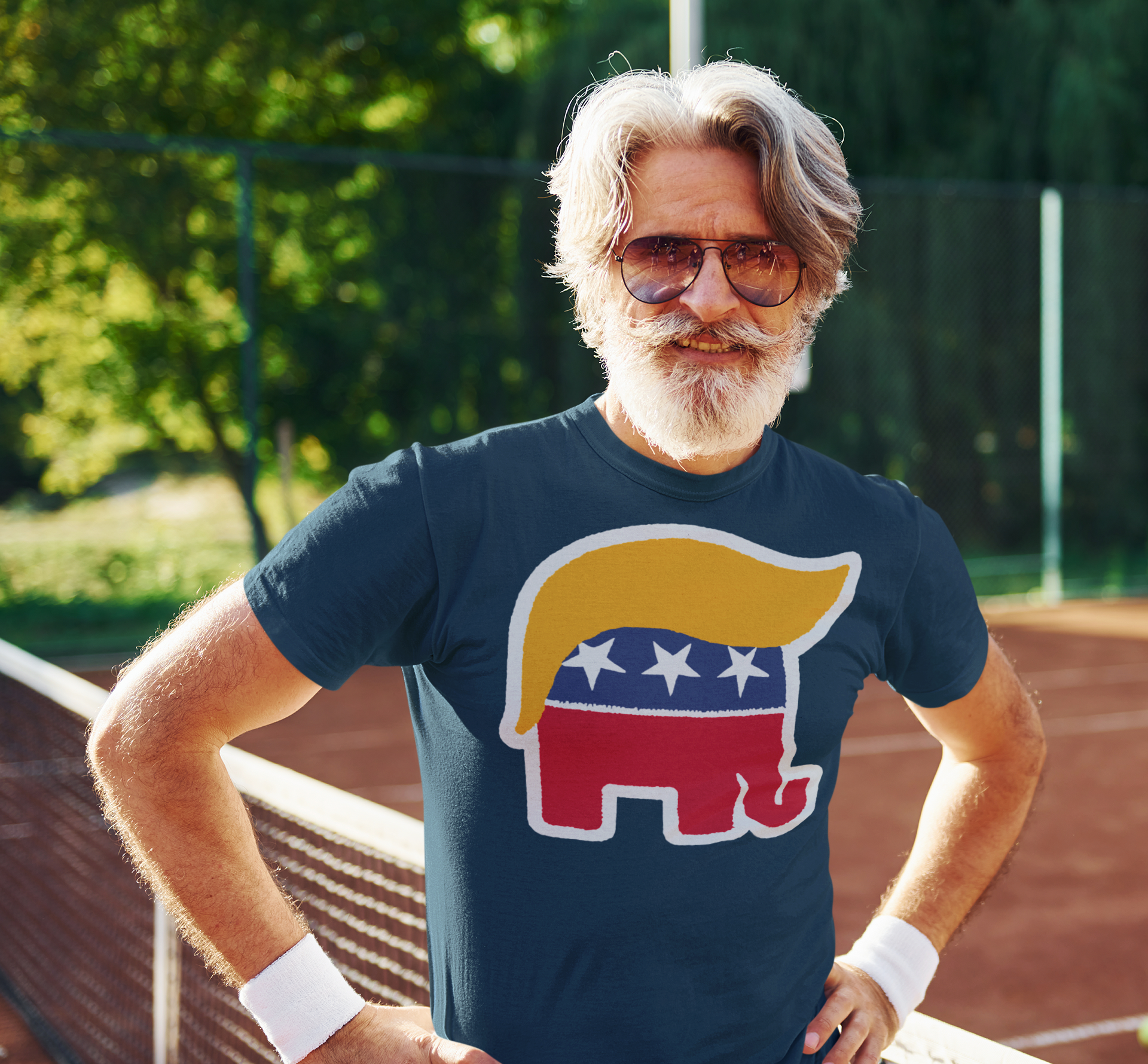 GOP Symbol with Hair Vintage Shirt worn by a man with sunglasses on a tennis court.
