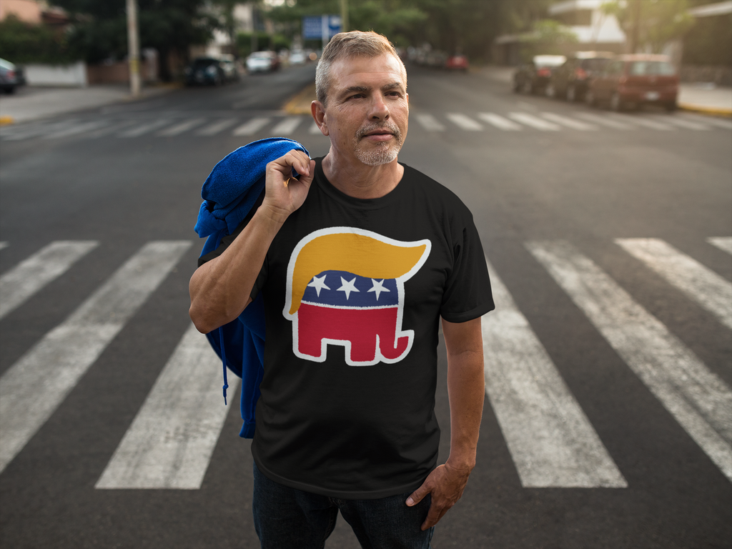 Man wearing GOP Symbol with Hair Vintage Shirt in a city street, showcasing unique political apparel design.