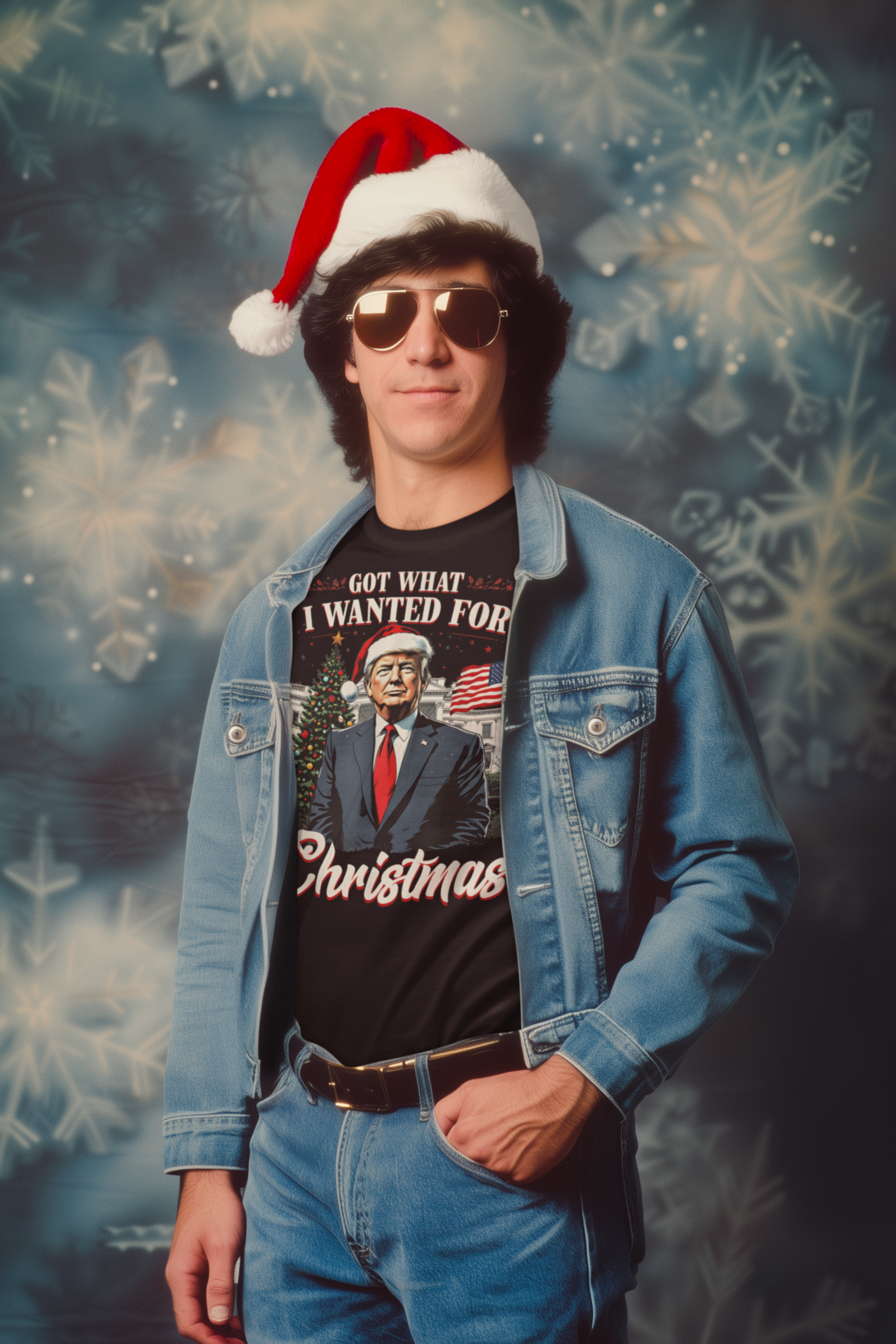 Person wearing a Santa hat and sunglasses, showcasing I Got What I Wanted For Christmas shirt against a festive background.
