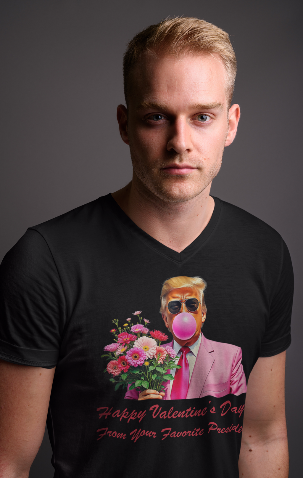 Man wearing a black T-shirt with 'Happy Valentine's Day From Your Favorite President' graphic design.