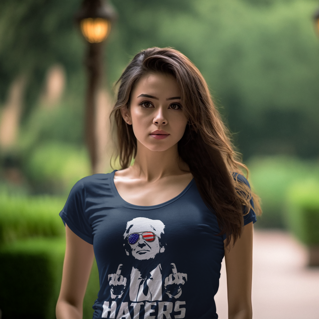 Woman wearing Haters Gonna Hate Graphic Design shirt outdoors with greenery in the background.