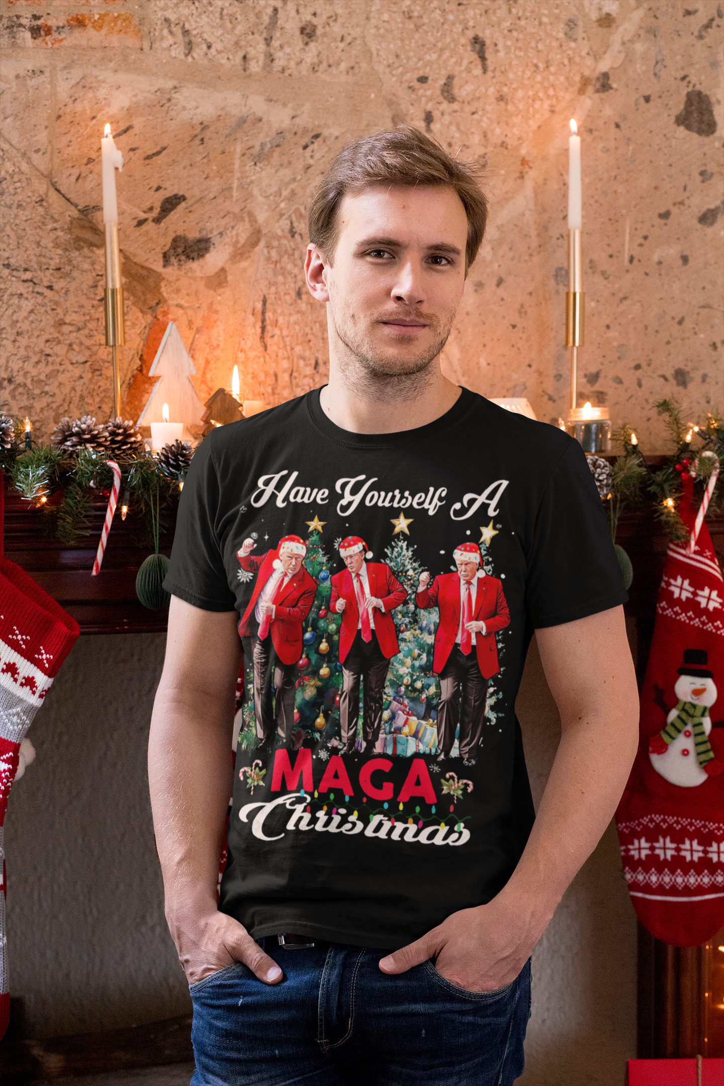 Have Yourself A MAGA Christmas graphic t-shirt model wearing it in a festive holiday setting with decorations.