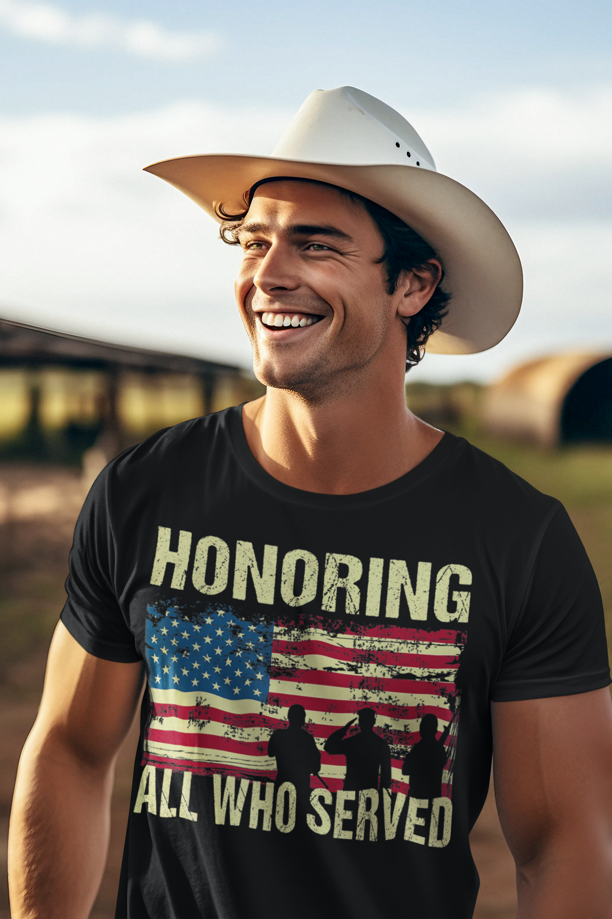 Man in cowboy hat wearing Honoring All Who Served On American Flag t-shirt outdoors.