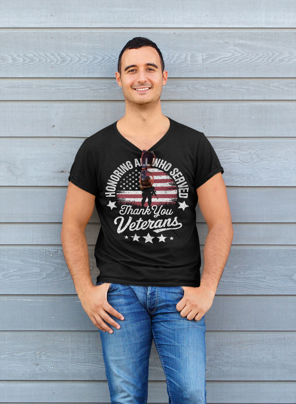 Man wearing Honoring All Who Served Thank You Veterans graphic t-shirt with a patriotic design.