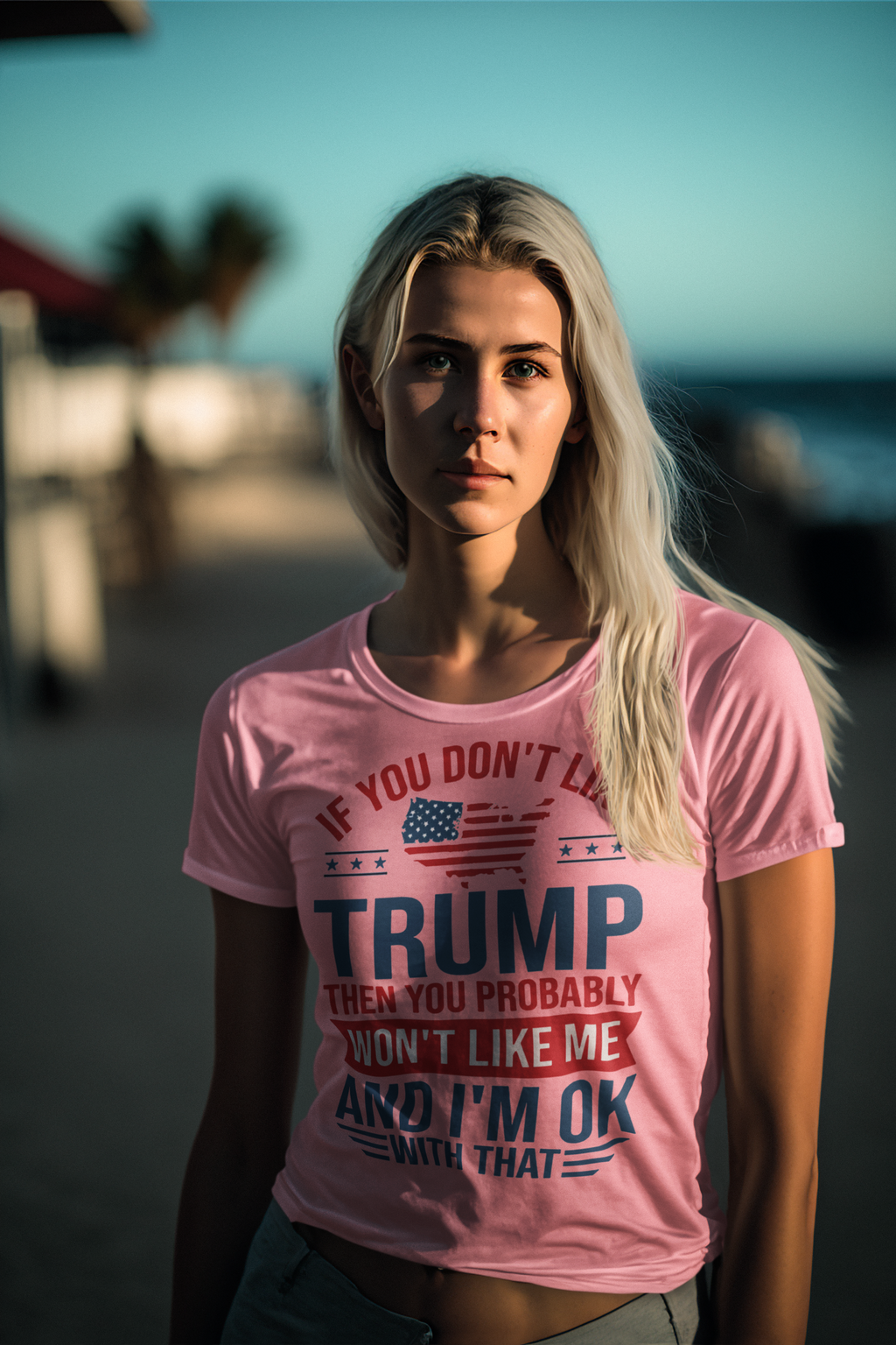 Trump Supporter USA Flag Graphic Tee worn by a model at the beach, showcasing patriotic style and political expression.