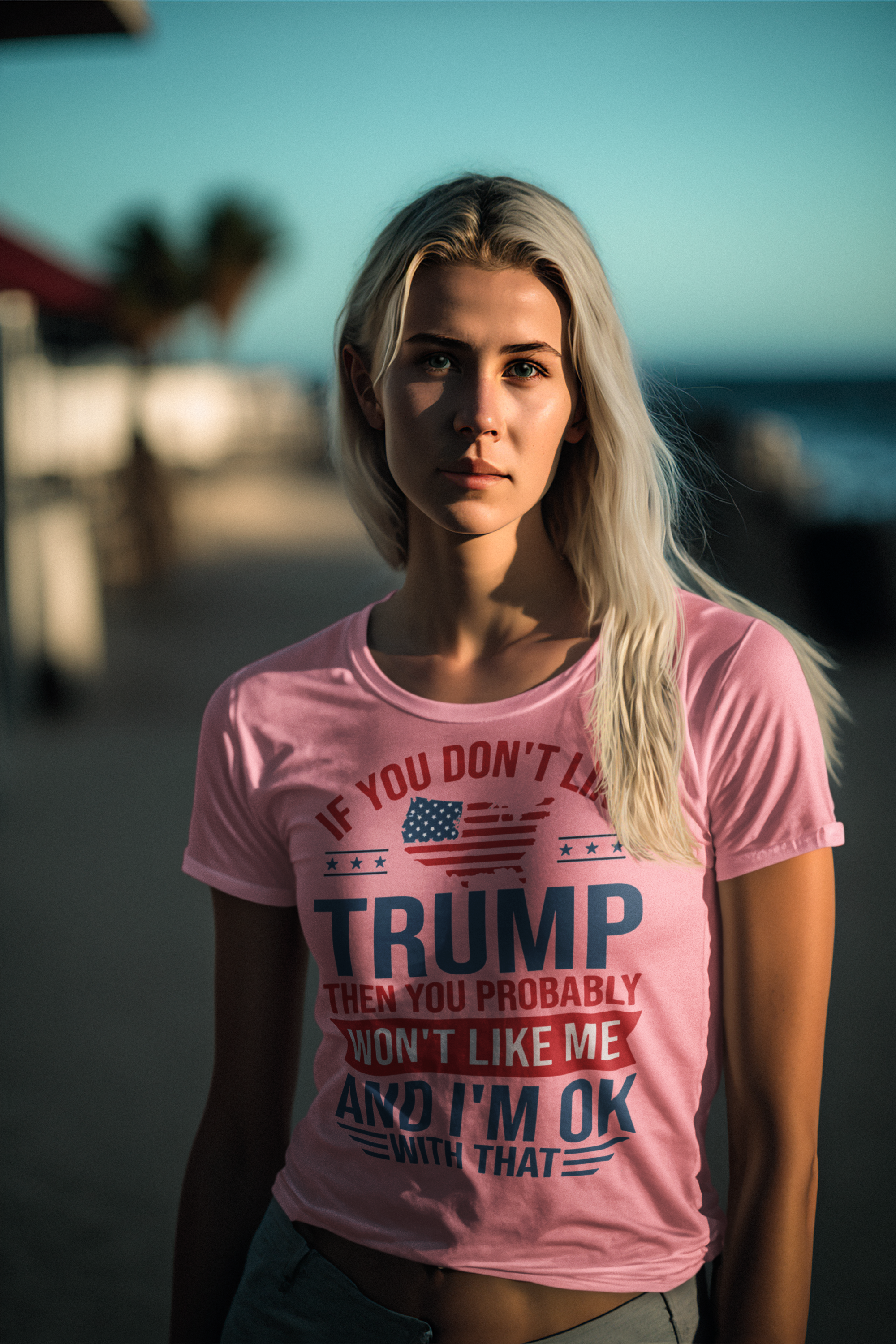 Trump Supporter USA Flag Graphic Tee worn by a model at the beach, showcasing patriotic style and political expression.