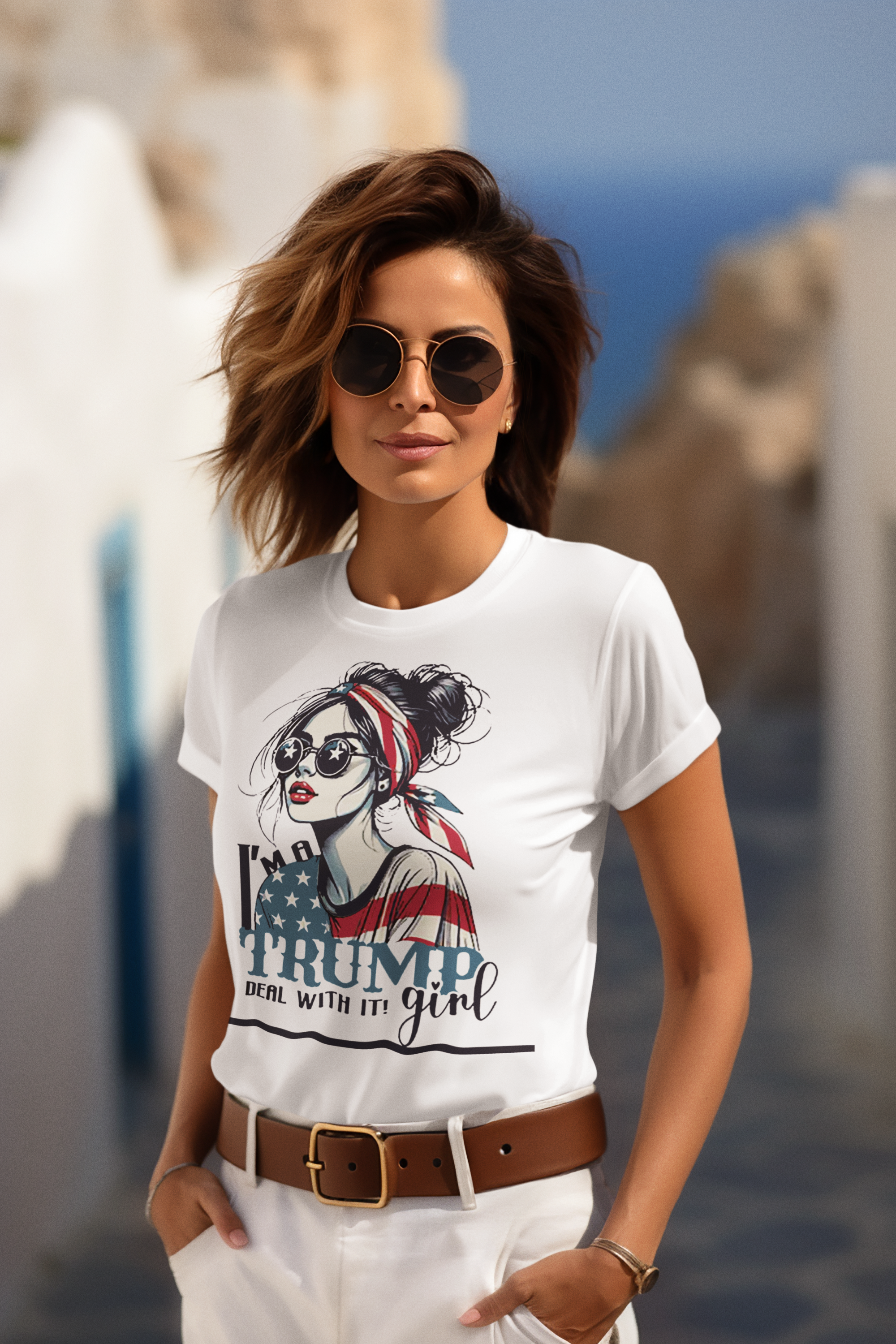 I'm A Trump Girl Deal With It Blk Ltrs women’s t-shirt featuring stylish design and political statement.