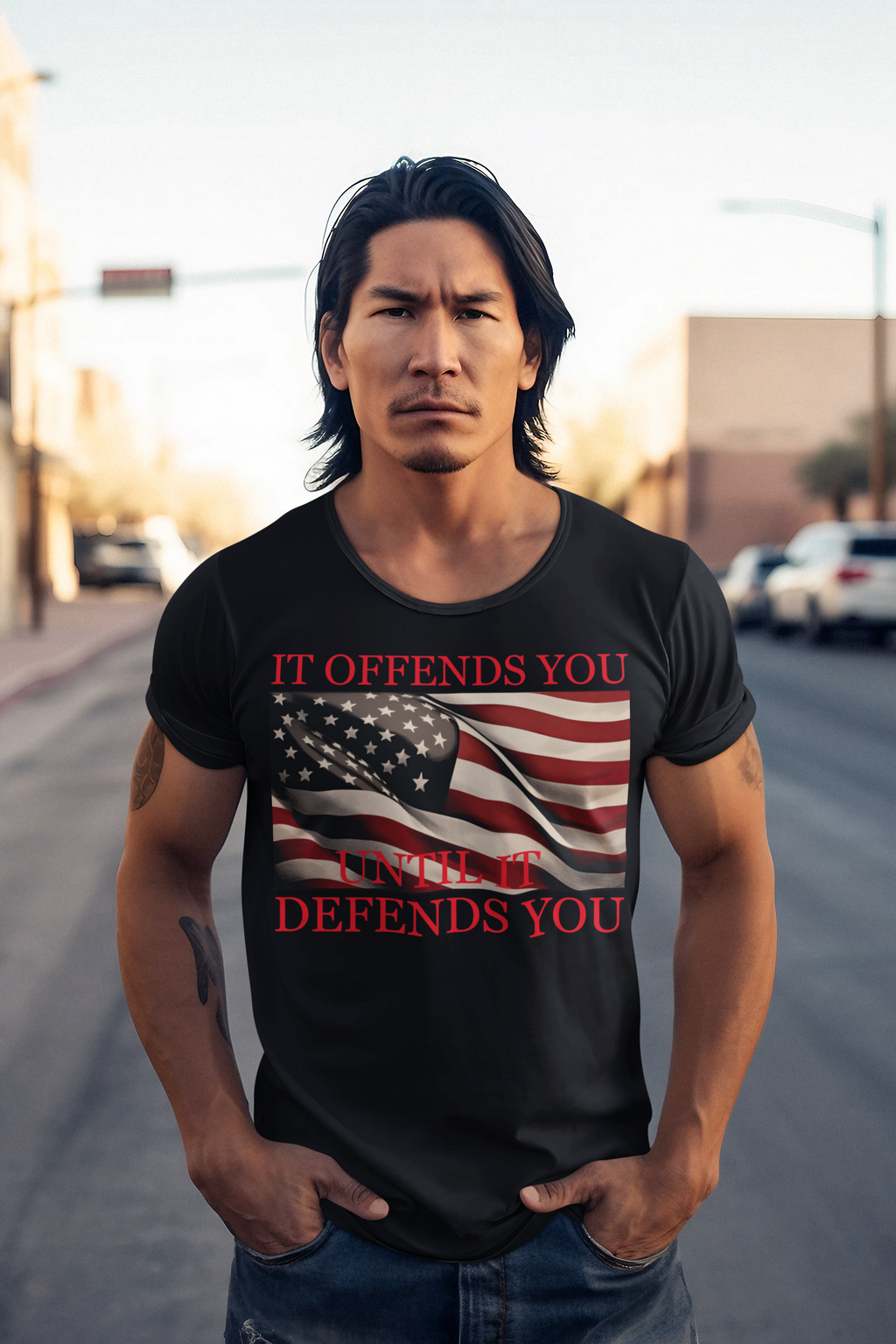If Offends You Until It Defends You apparel featuring a man wearing a t-shirt with an American flag design.