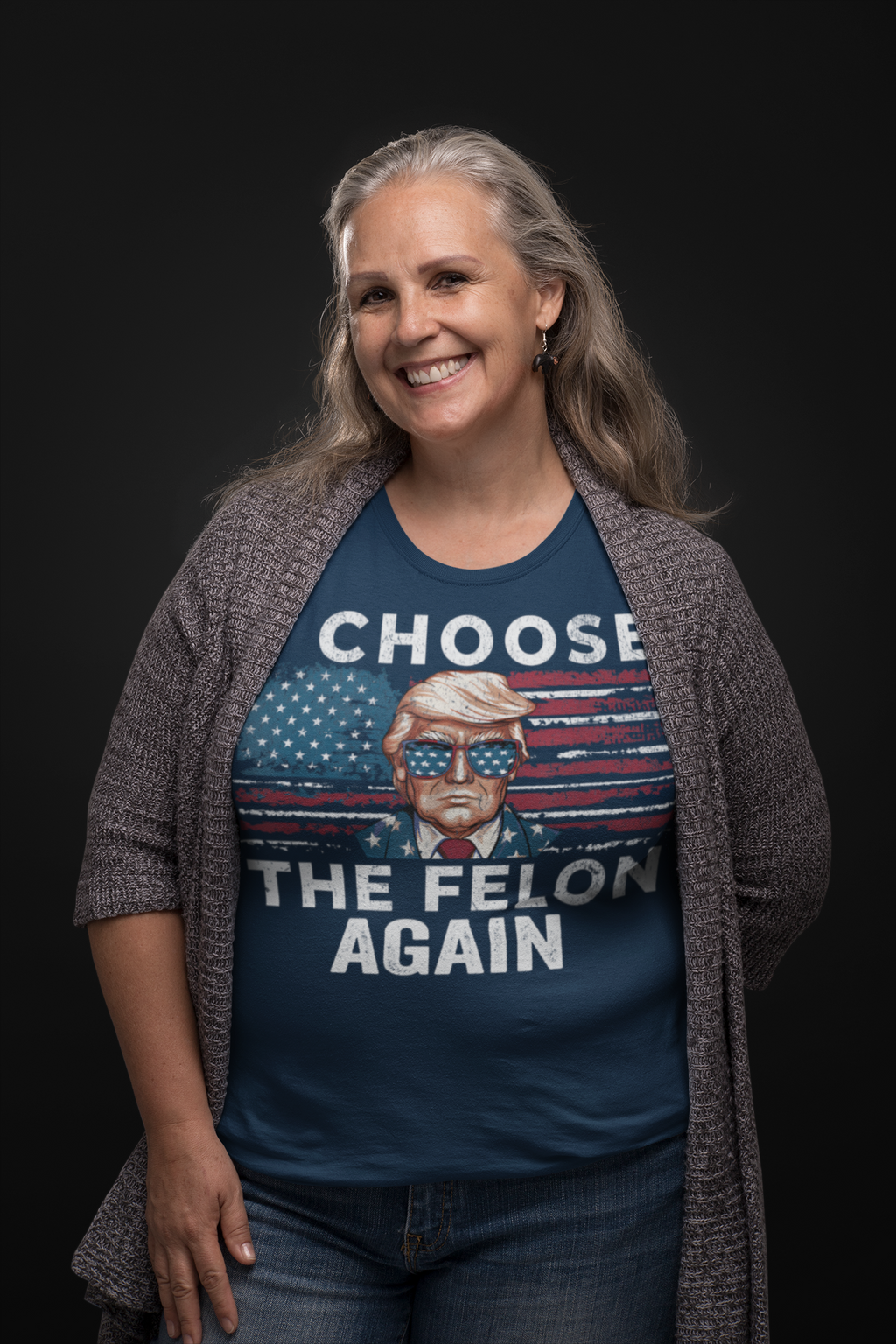 Woman wearing I Choose The Felon Again Today graphic t-shirt with patriotic design.