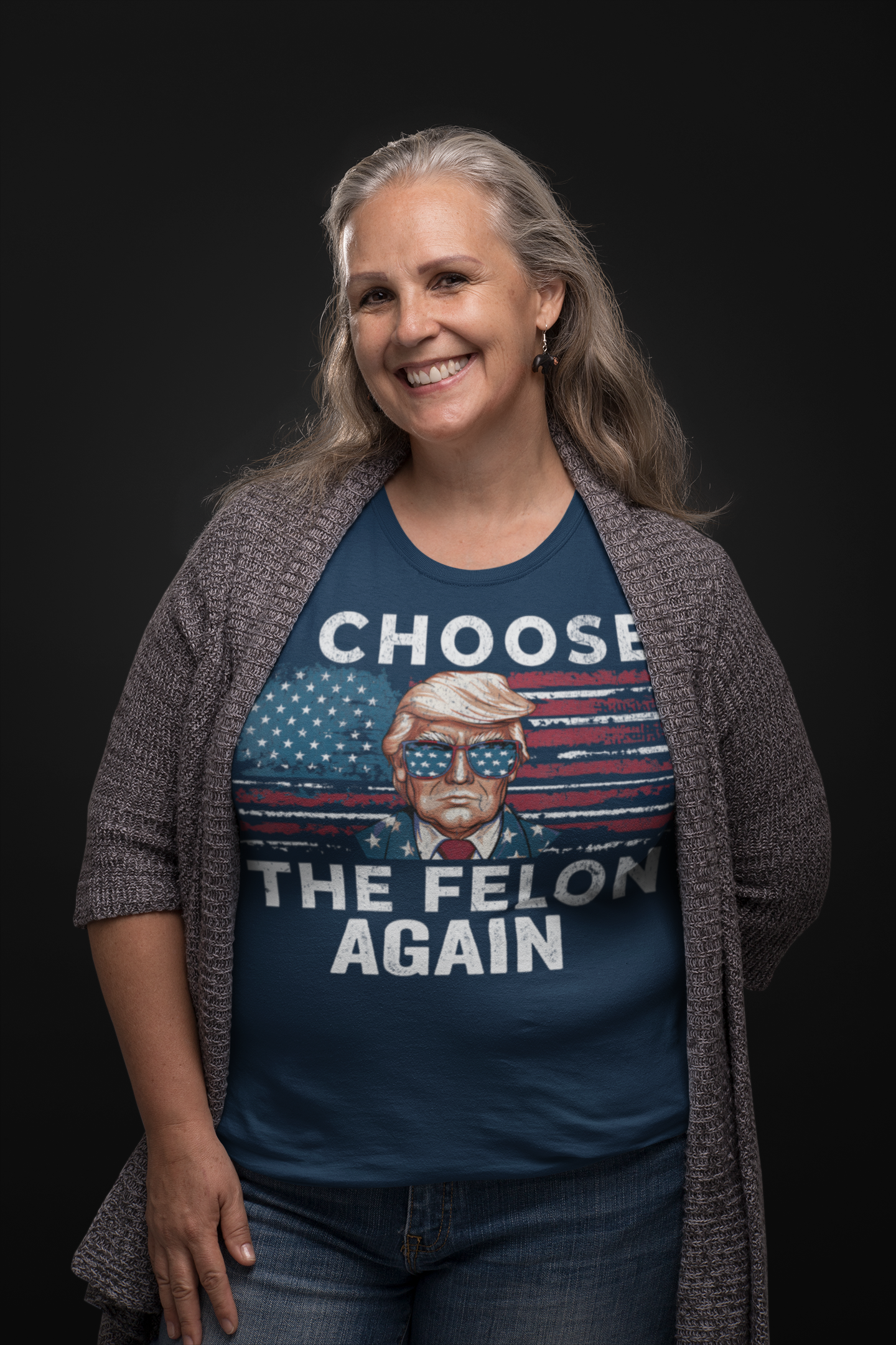 Woman wearing I Choose The Felon Again Today graphic t-shirt with patriotic design.