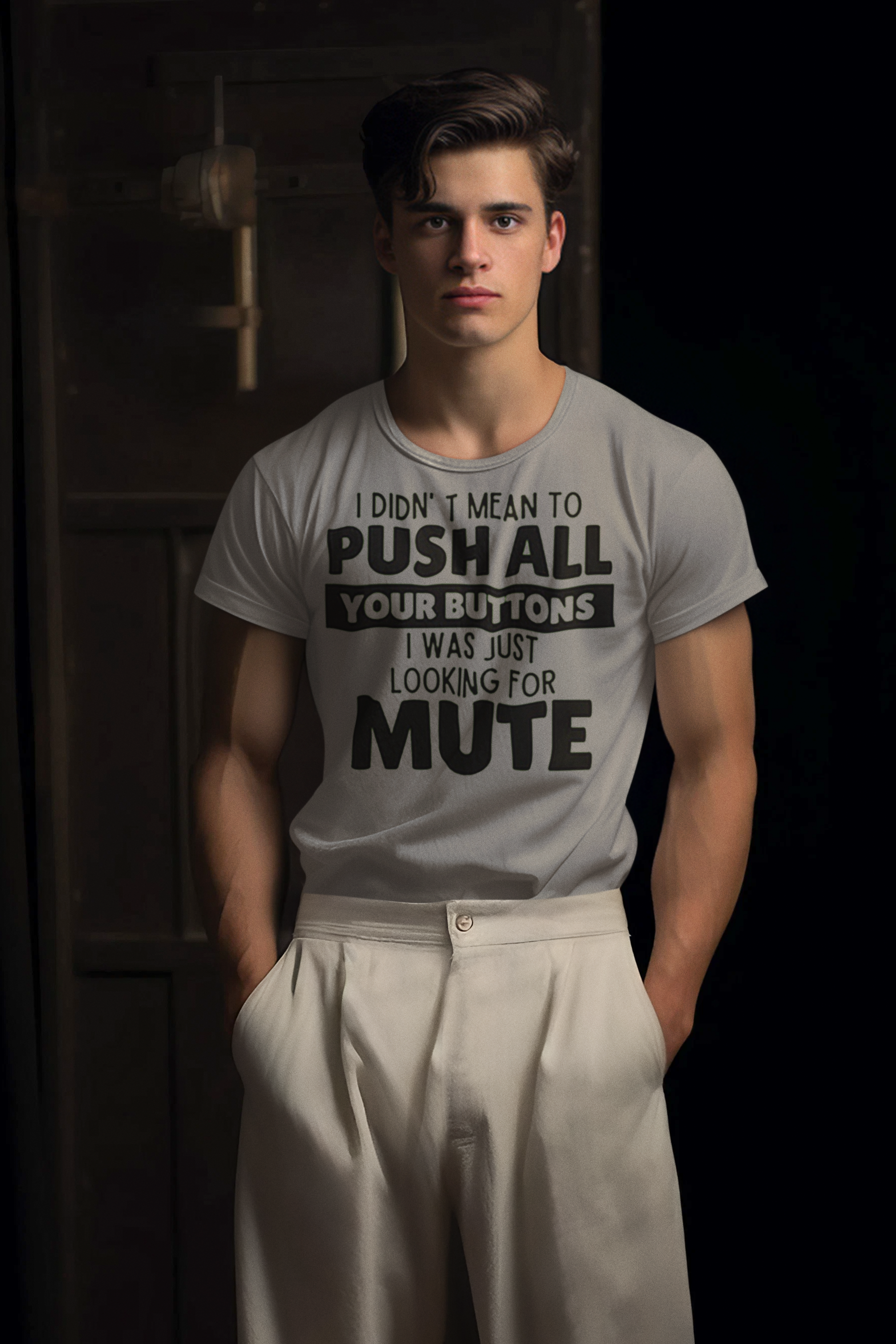 Young man modeling I Didn't Mean to Push Your Buttons Tee in modern, lighthearted design.