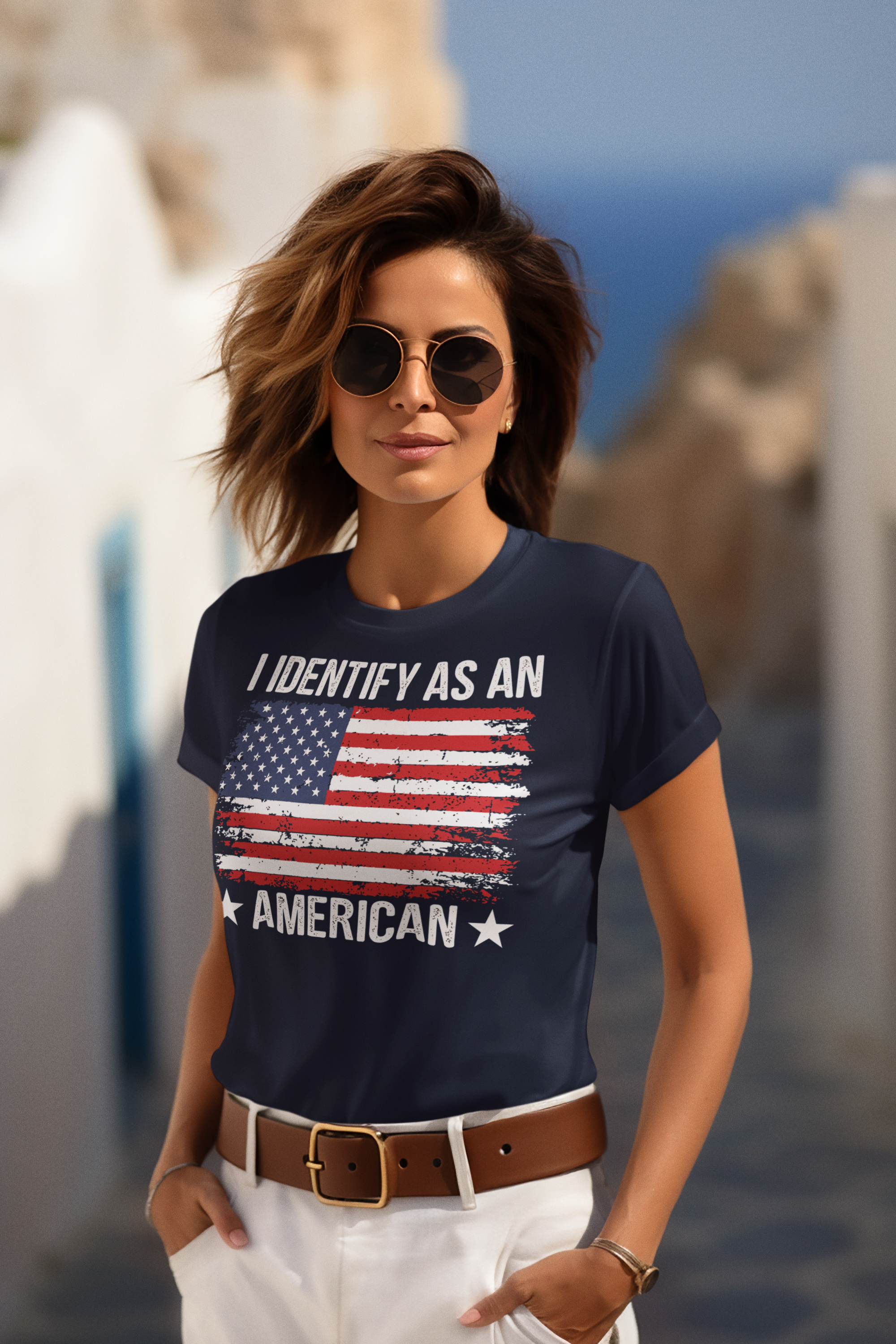 A model wearing the 'I Identify As An American Apparel' shirt with an American flag design.