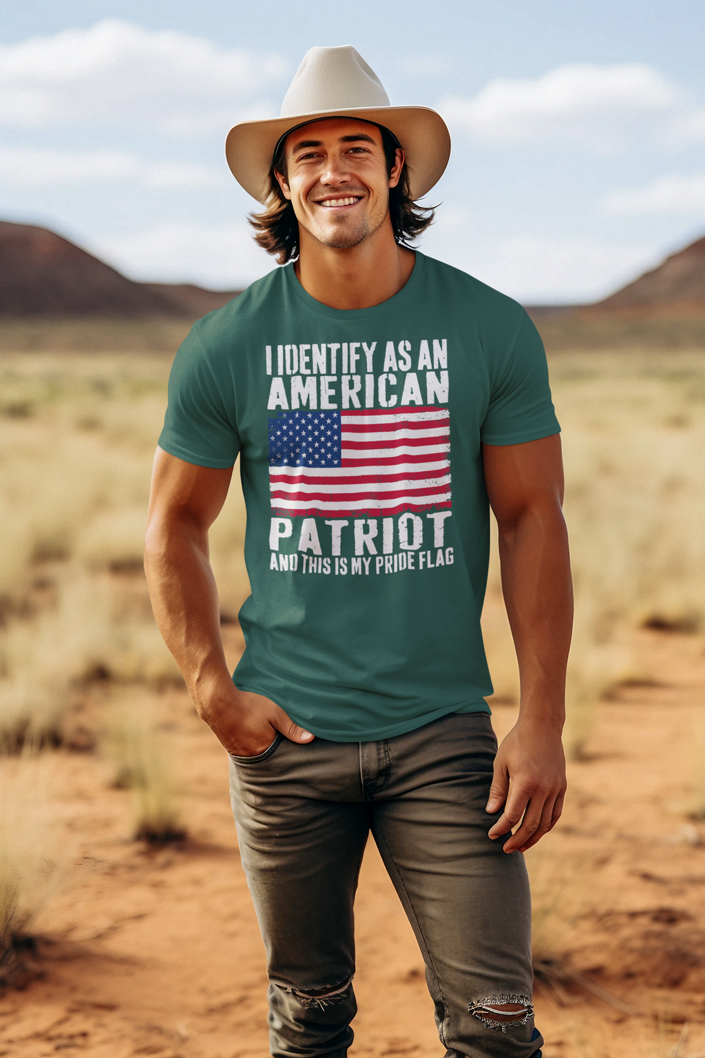 I Identify As An American Patriot And This Is My Pride Flag t-shirt worn by a man in a desert setting.
