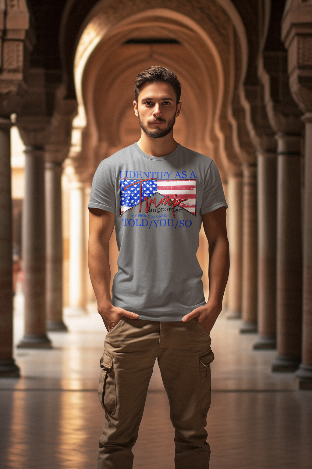 Man wearing I Identify As A Trump Supporter t-shirt in an ornate hallway with a contemporary aesthetic.