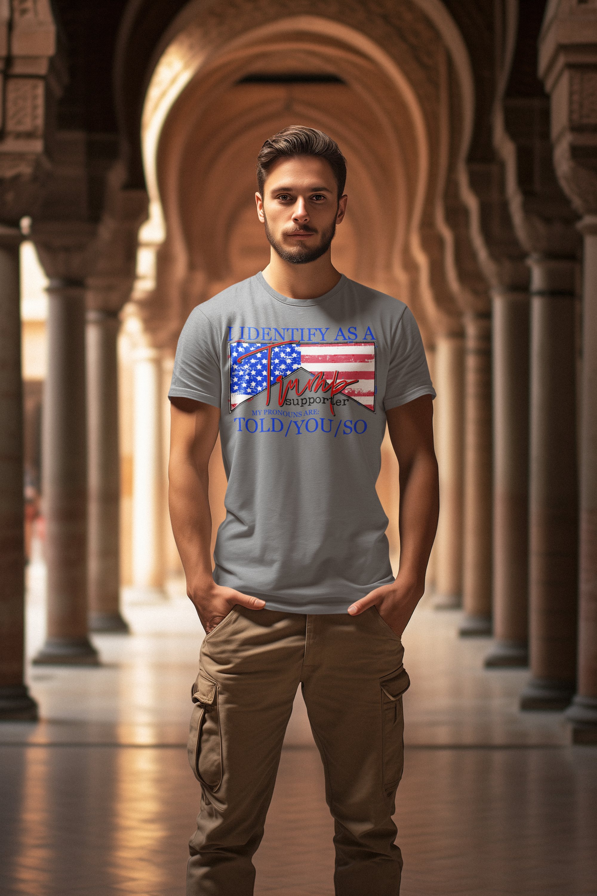 Man wearing I Identify As A Trump Supporter t-shirt in an ornate hallway with a contemporary aesthetic.