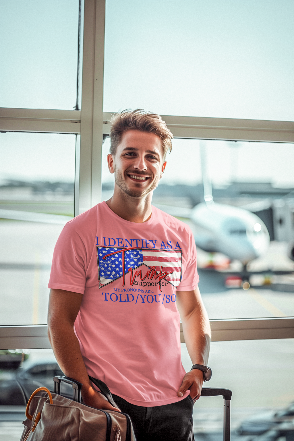 I Identify As A Trump Supporter shirt worn by a smiling man at the airport with a suitcase.