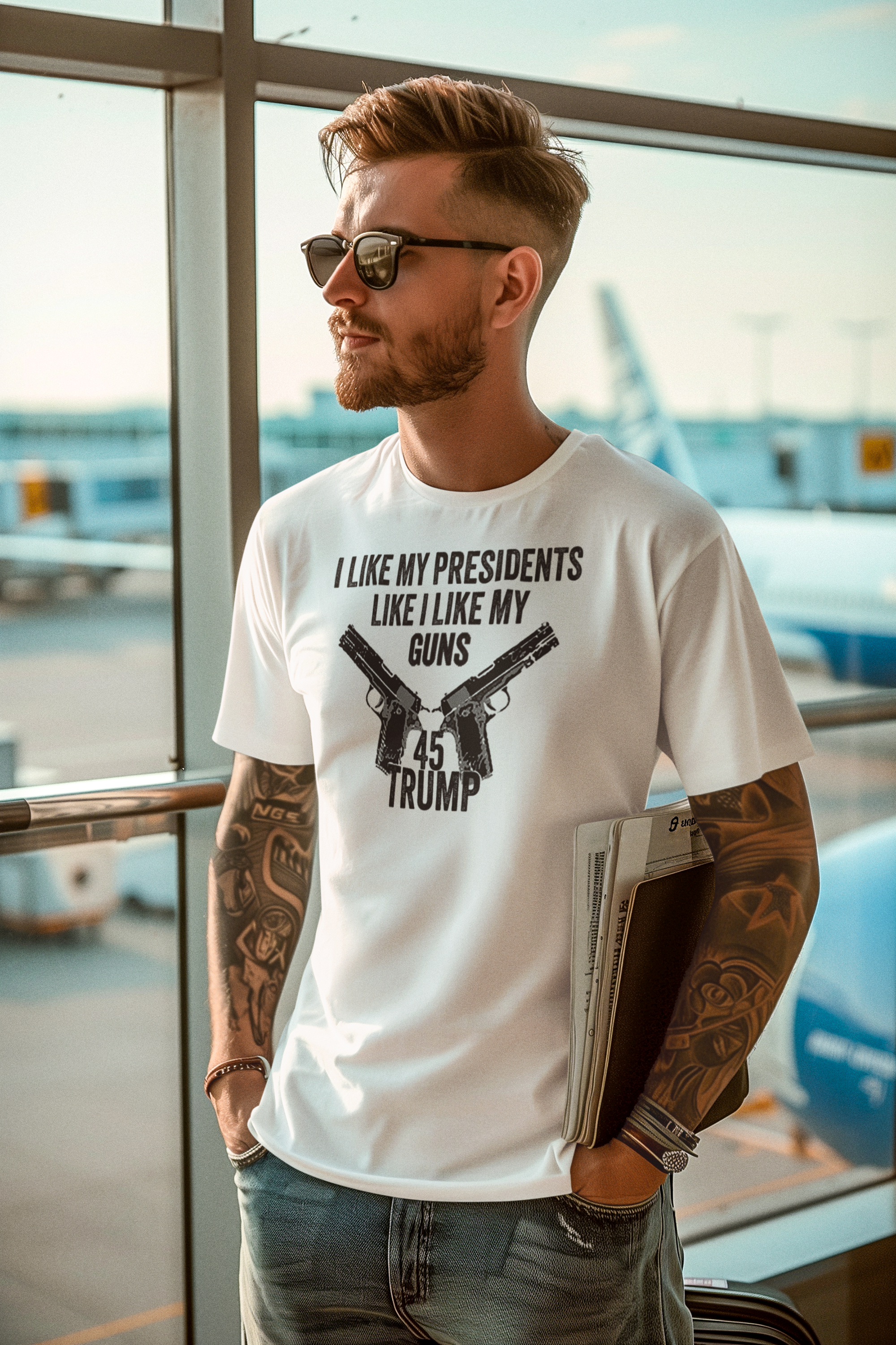 I Like My Presidents Like I Like My Guns 45 Trump printed t-shirt worn by stylish man in sunglasses at the airport.