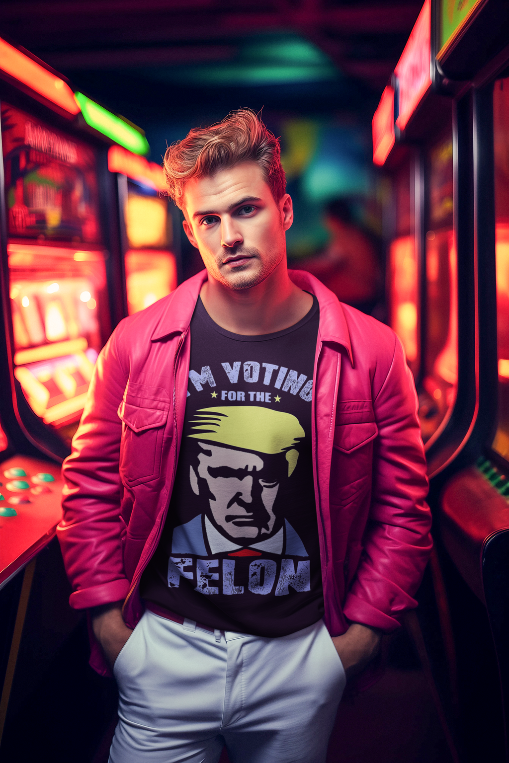 Man in pink jacket wearing Voting For The Felon Proud Tee in arcade setting.
